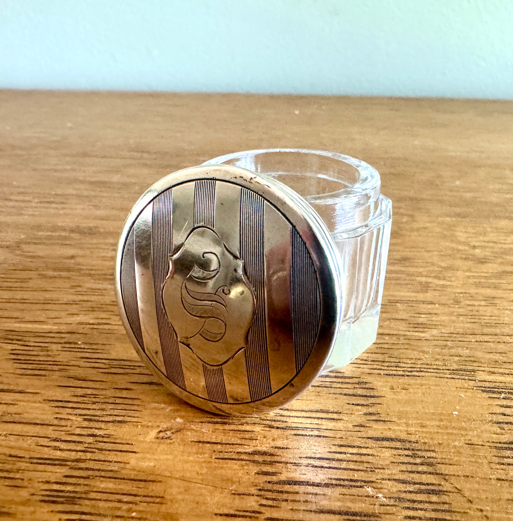 Elegant Small Engraved Art Deco Sterling Silver & Cut Glass Vanity Jar ~ Vanity Glass & Silver Box