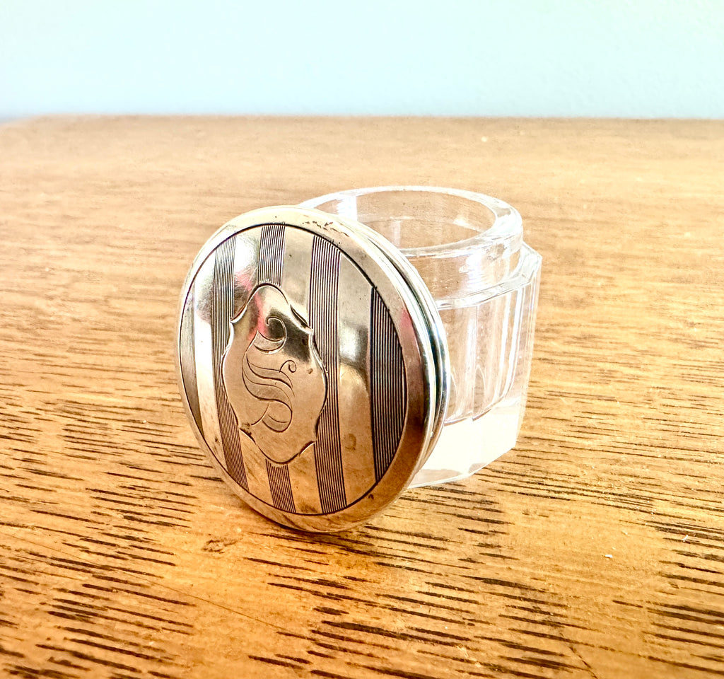 Elegant Small Engraved Art Deco Sterling Silver & Cut Glass Vanity Jar ~ Vanity Glass & Silver Box