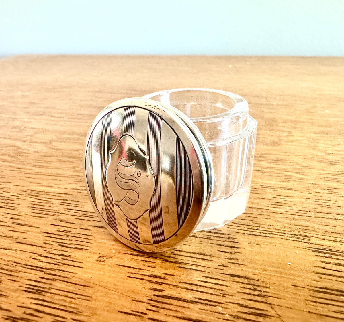 Elegant Small Engraved Art Deco Sterling Silver & Cut Glass Vanity Jar ~ Vanity Glass & Silver Box