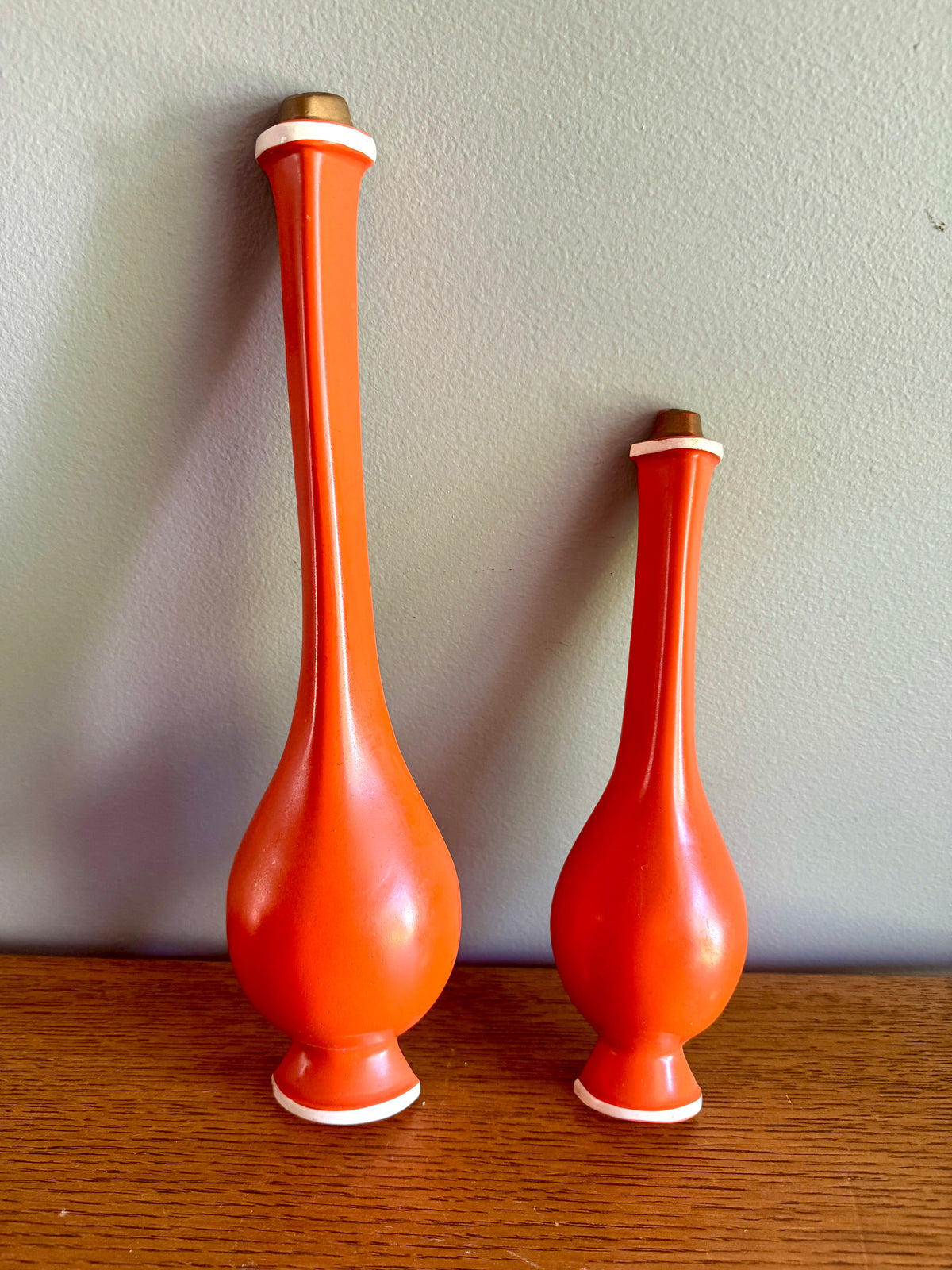 Pair of MCM Orange Chalkware Genie Bottle Wall Hangings ~ MCM Wall Decor