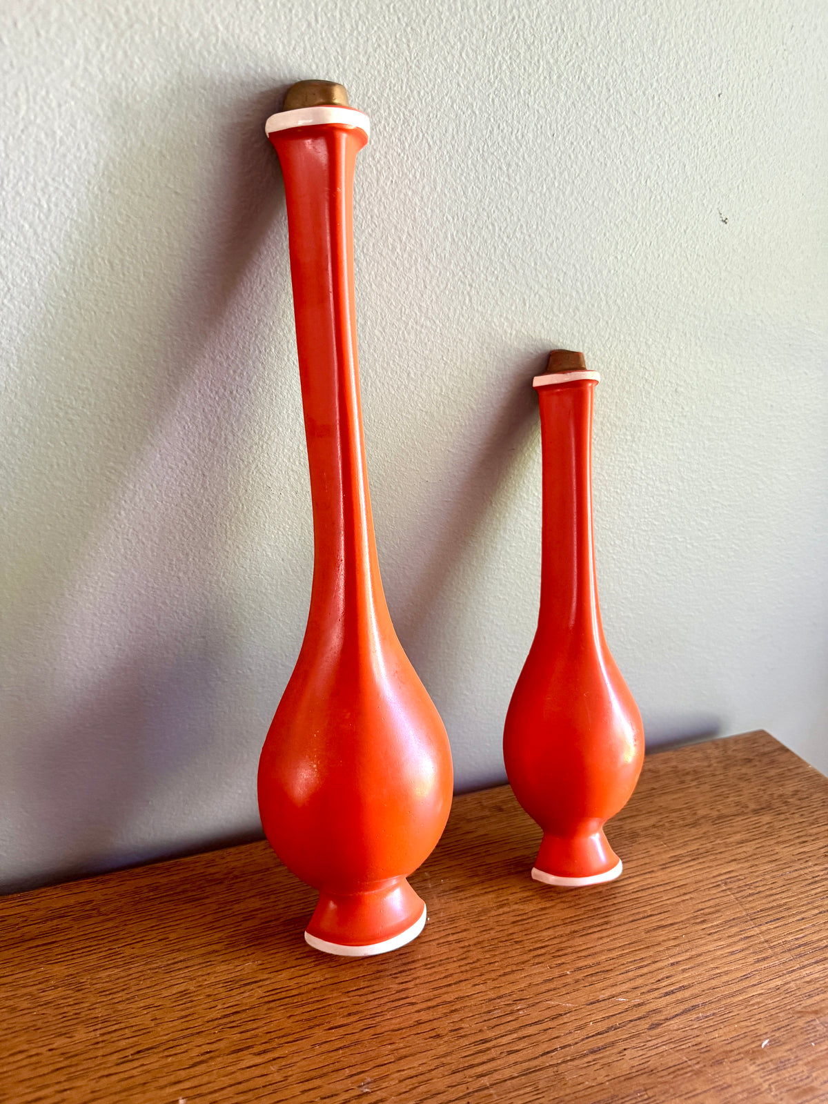 Pair of MCM Orange Chalkware Genie Bottle Wall Hangings ~ MCM Wall Decor