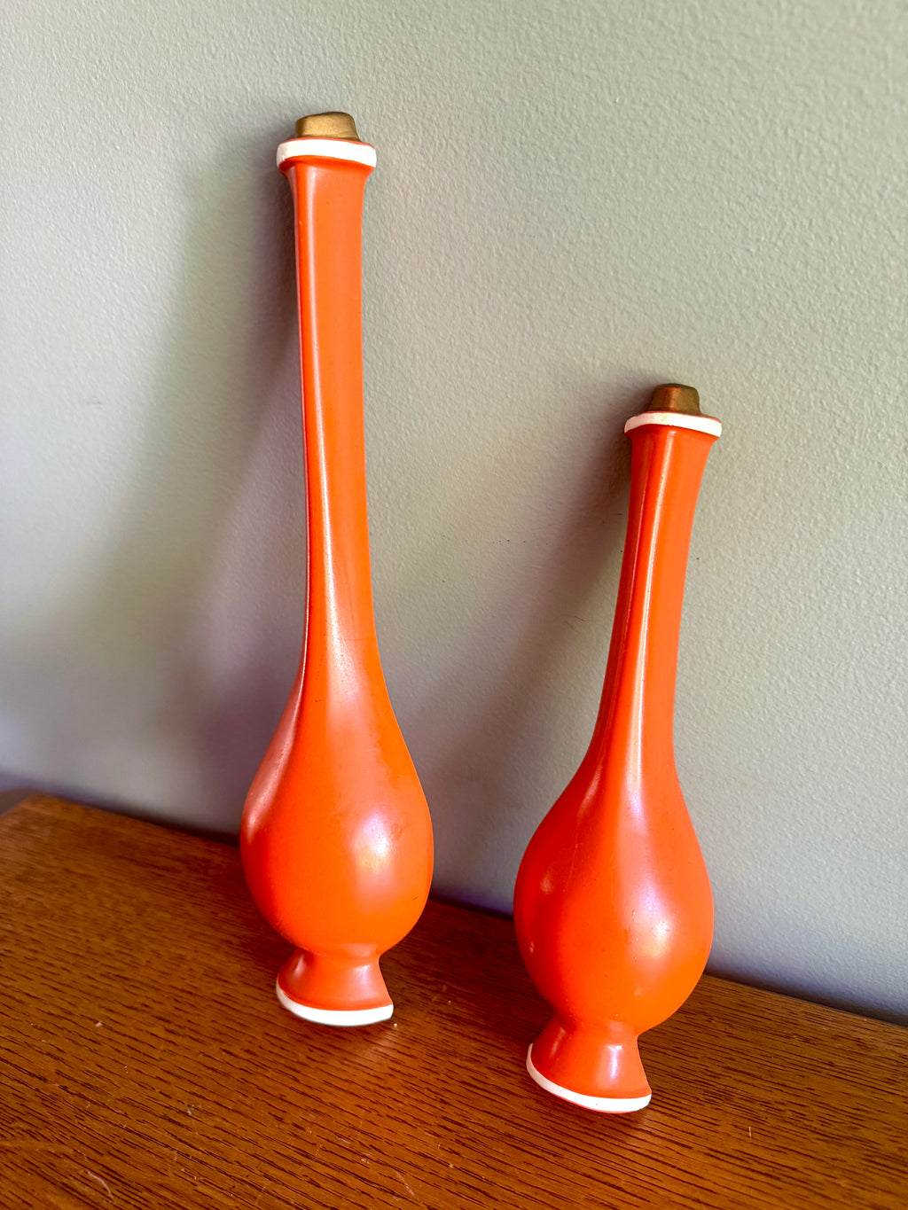 Pair of MCM Orange Chalkware Genie Bottle Wall Hangings ~ MCM Wall Decor