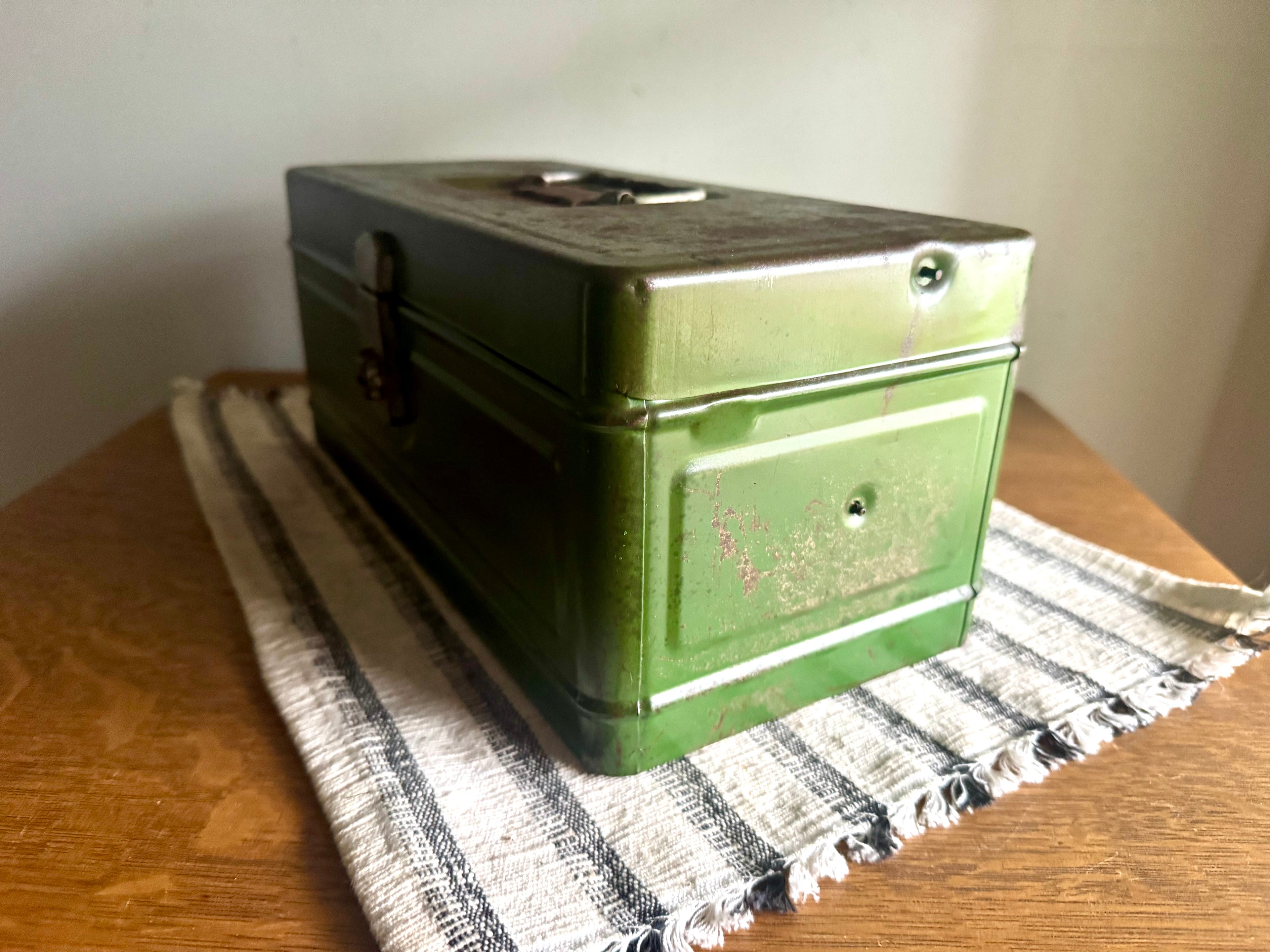 Small Rustic Green Metal Tool Box | Climax Green Metal Tackle Box