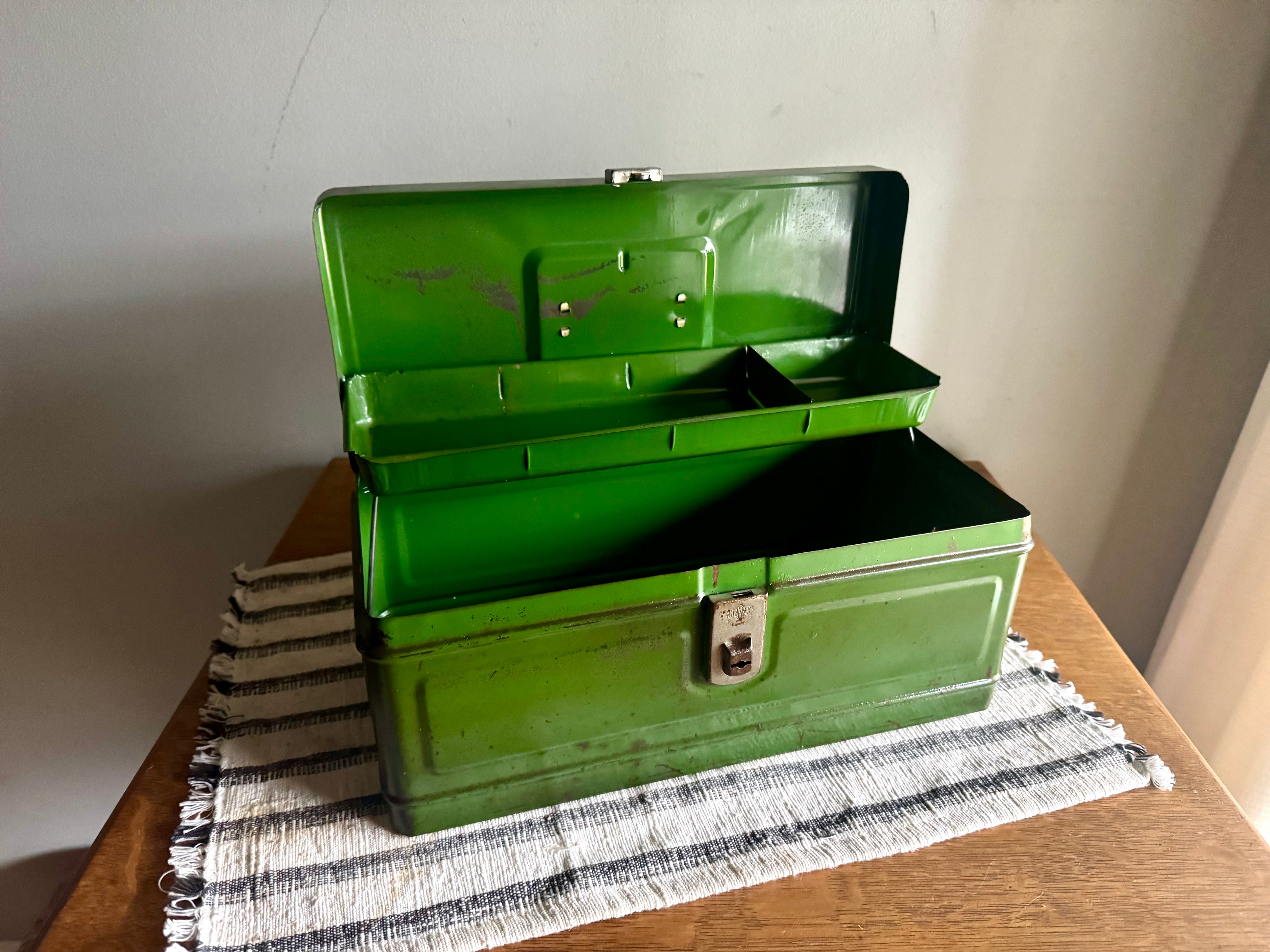 Small Rustic Green Metal Tool Box | Climax Green Metal Tackle Box