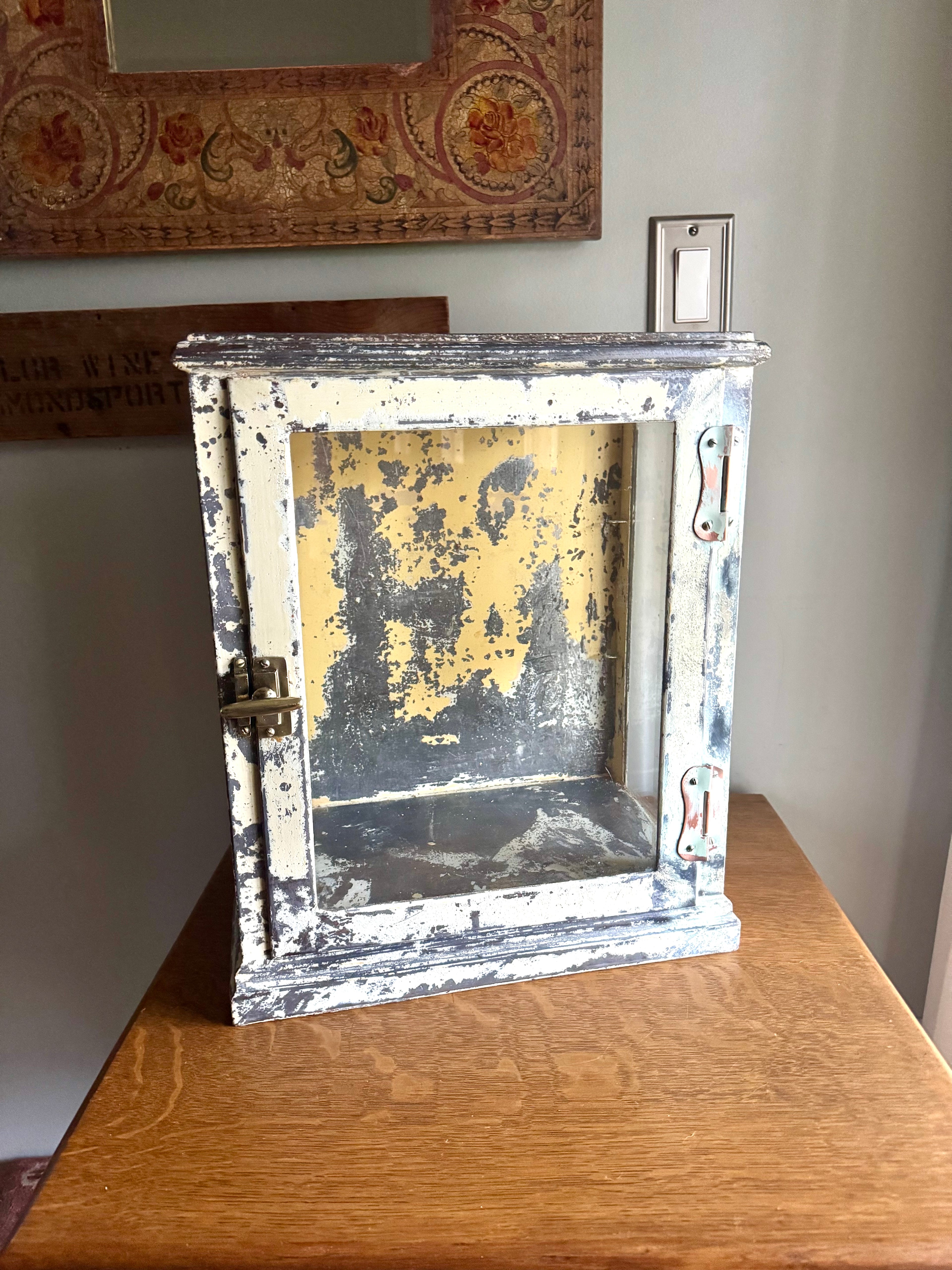 Early 20th Century Distressed Paint Sterilizer Cabinet | Antique Metal Display Cabinet | Apothecary Cabinet