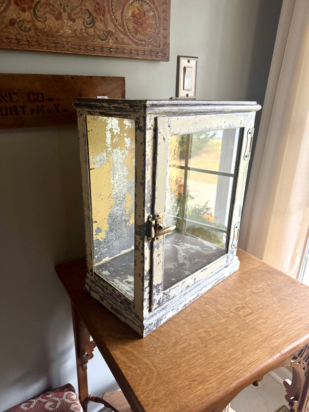 Early 20th Century Distressed Paint Sterilizer Cabinet | Antique Metal Display Cabinet | Apothecary Cabinet