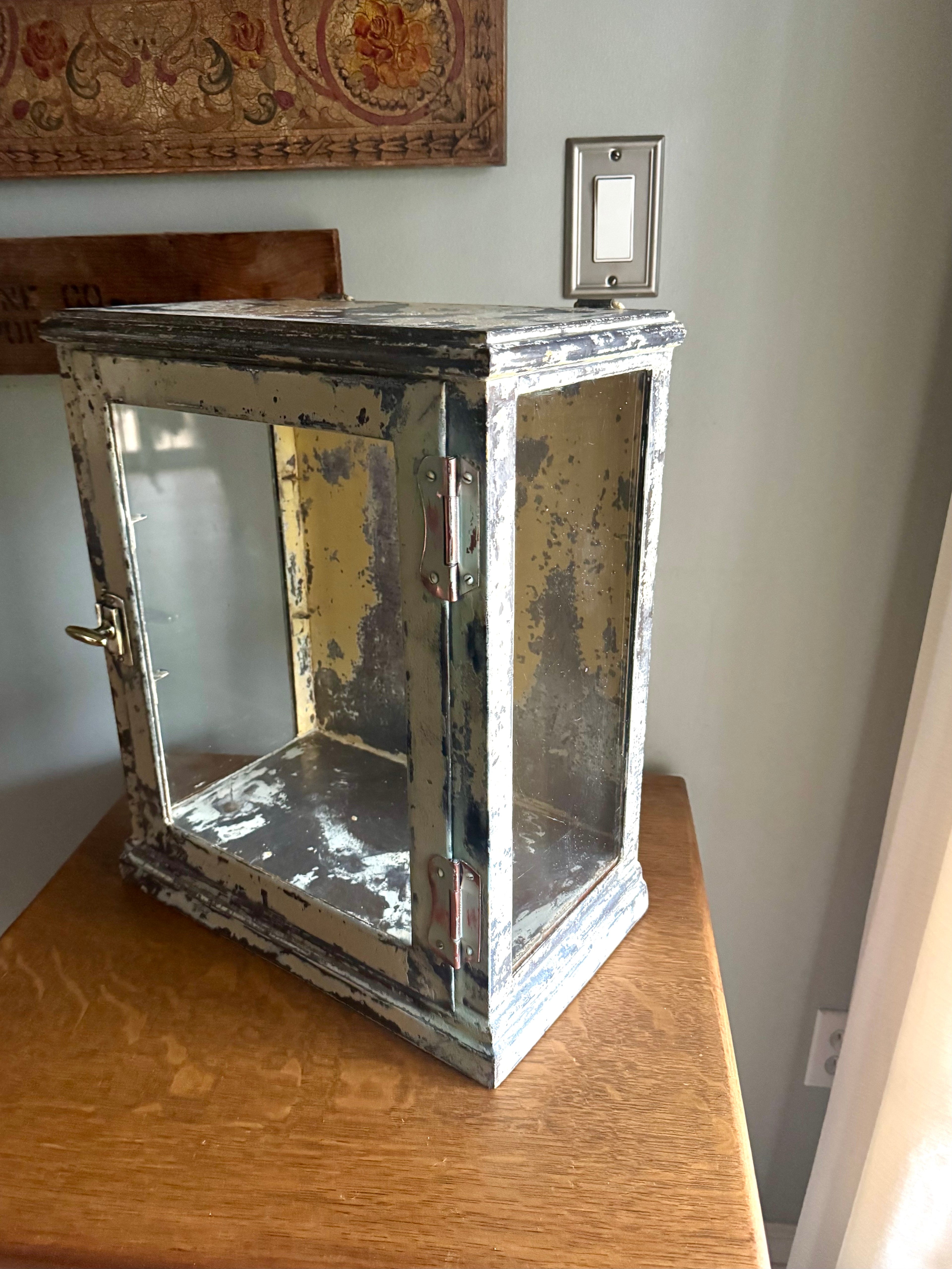 Early 20th Century Distressed Paint Sterilizer Cabinet | Antique Metal Display Cabinet | Apothecary Cabinet
