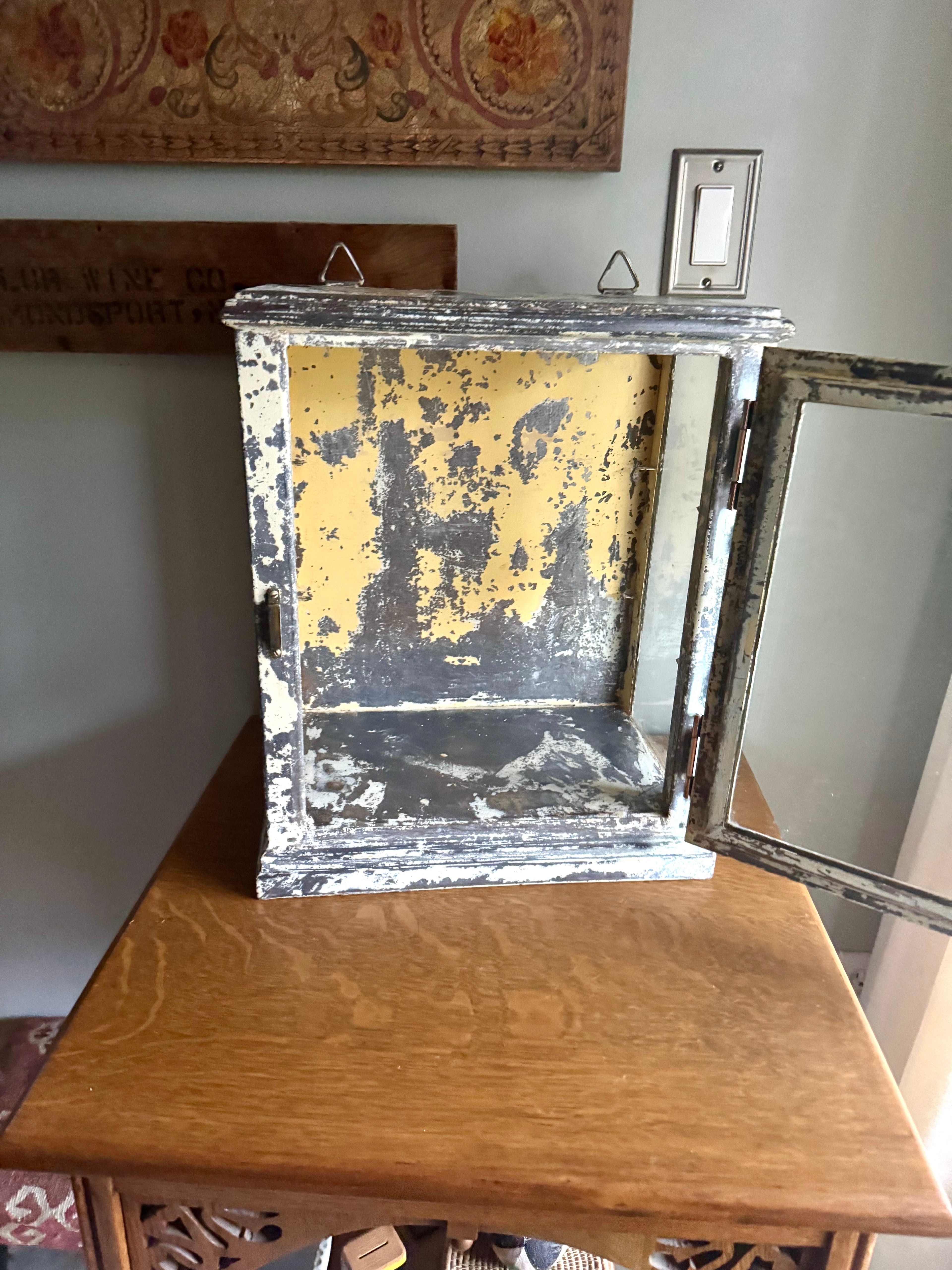 Early 20th Century Distressed Paint Sterilizer Cabinet | Antique Metal Display Cabinet | Apothecary Cabinet