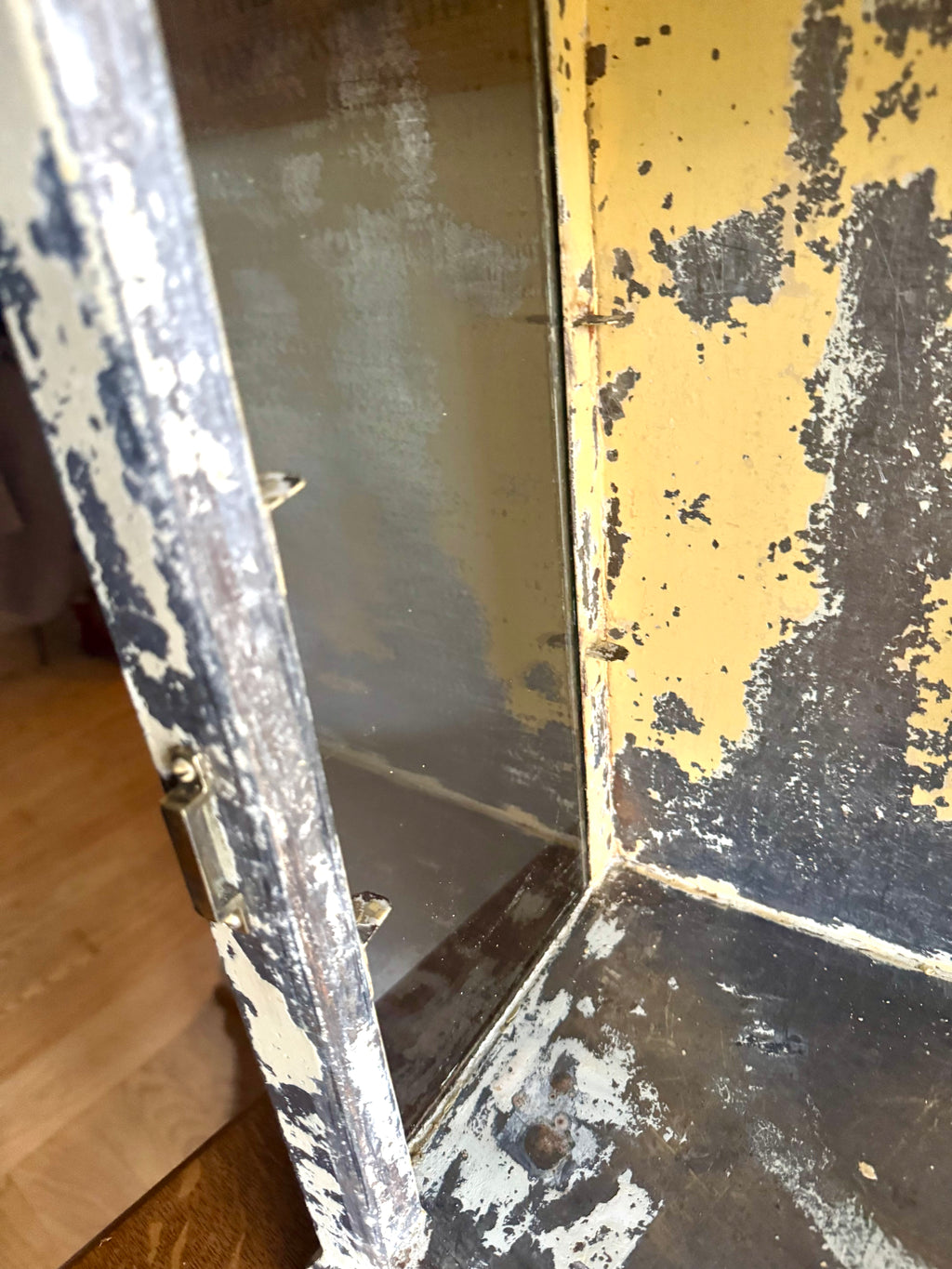 Early 20th Century Distressed Paint Sterilizer Cabinet | Antique Metal Display Cabinet | Apothecary Cabinet