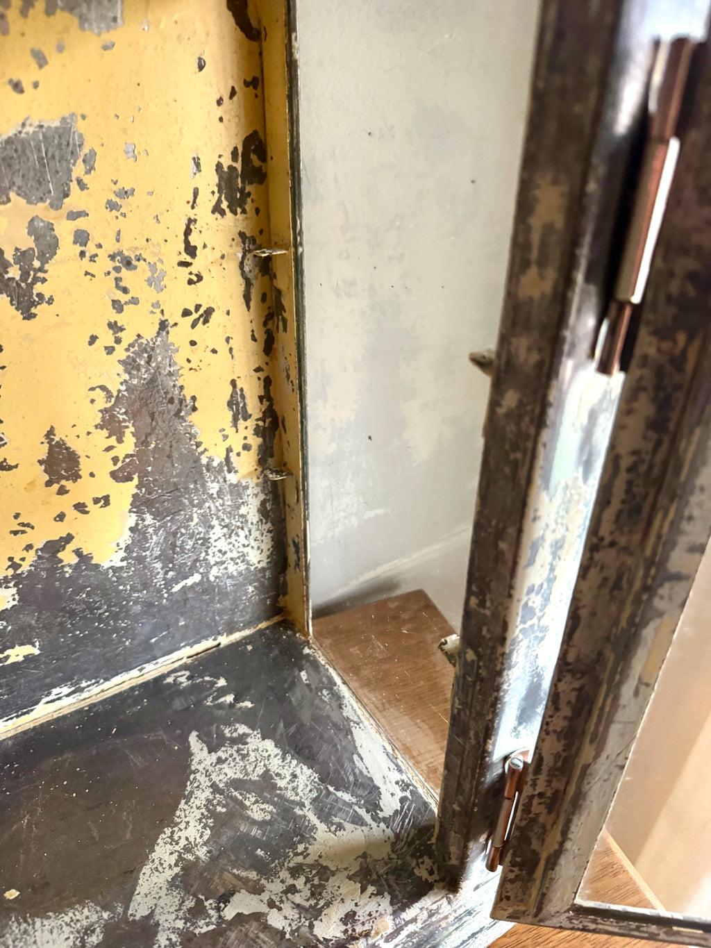 Early 20th Century Distressed Paint Sterilizer Cabinet | Antique Metal Display Cabinet | Apothecary Cabinet