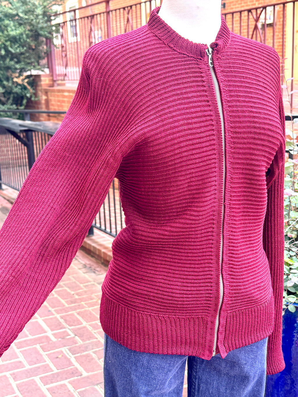 1930's Hand Knitted German Sweater ~ German Handmade Ribbed Knit Zip Down Cardigan