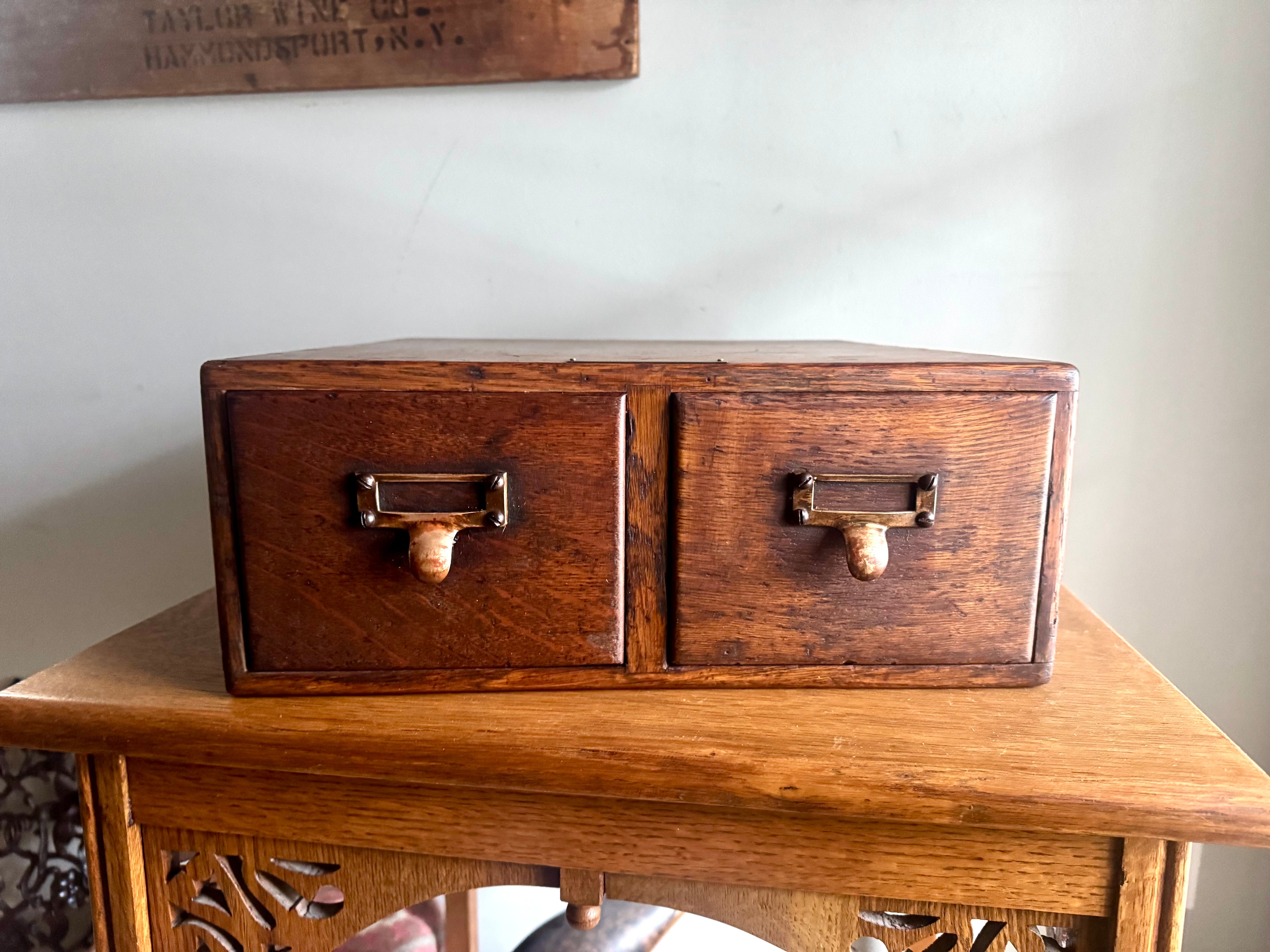 Antique Oak Card Catalog Cabinet | 2 Drawer Wooden Filing Cabinet | Oak Storage Cabinet