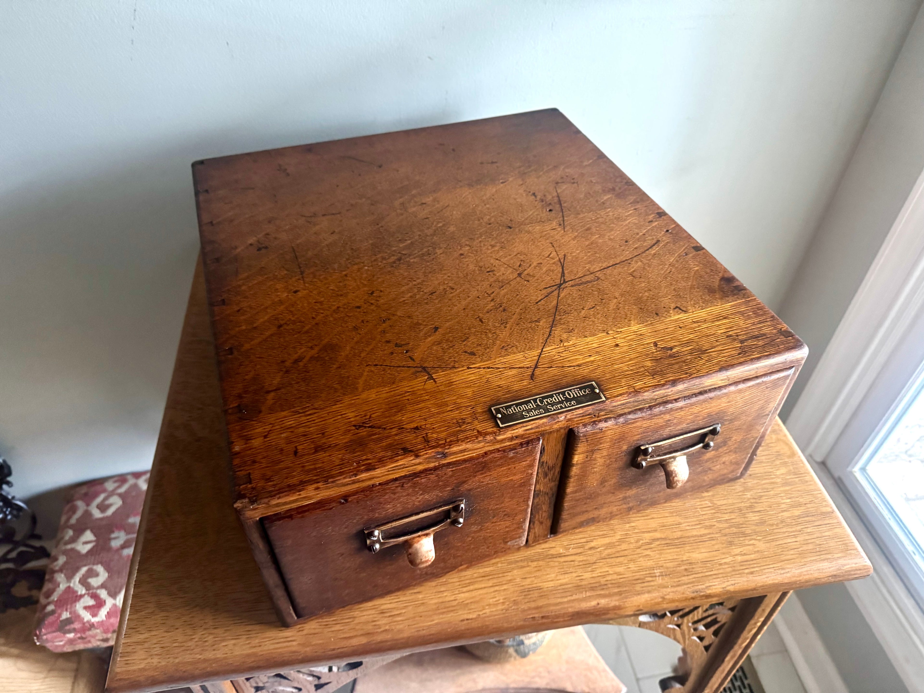 Antique Oak Card Catalog Cabinet | 2 Drawer Wooden Filing Cabinet | Oak Storage Cabinet