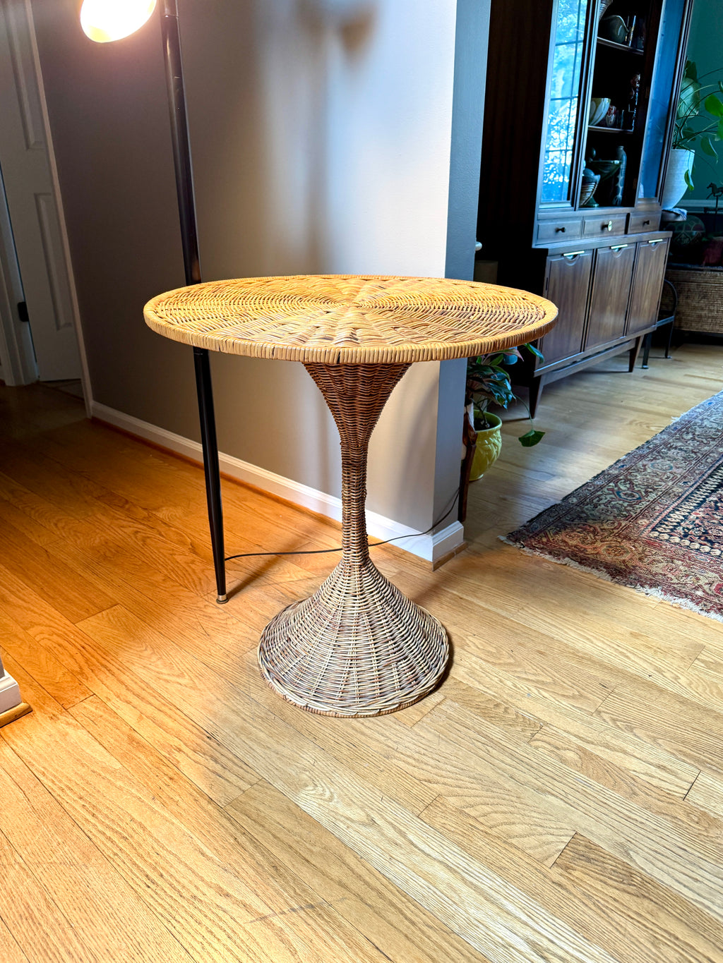 MCM Rattan Round Drink Table ~ Danny Ho Fong Style Rattan Hour Glass Table