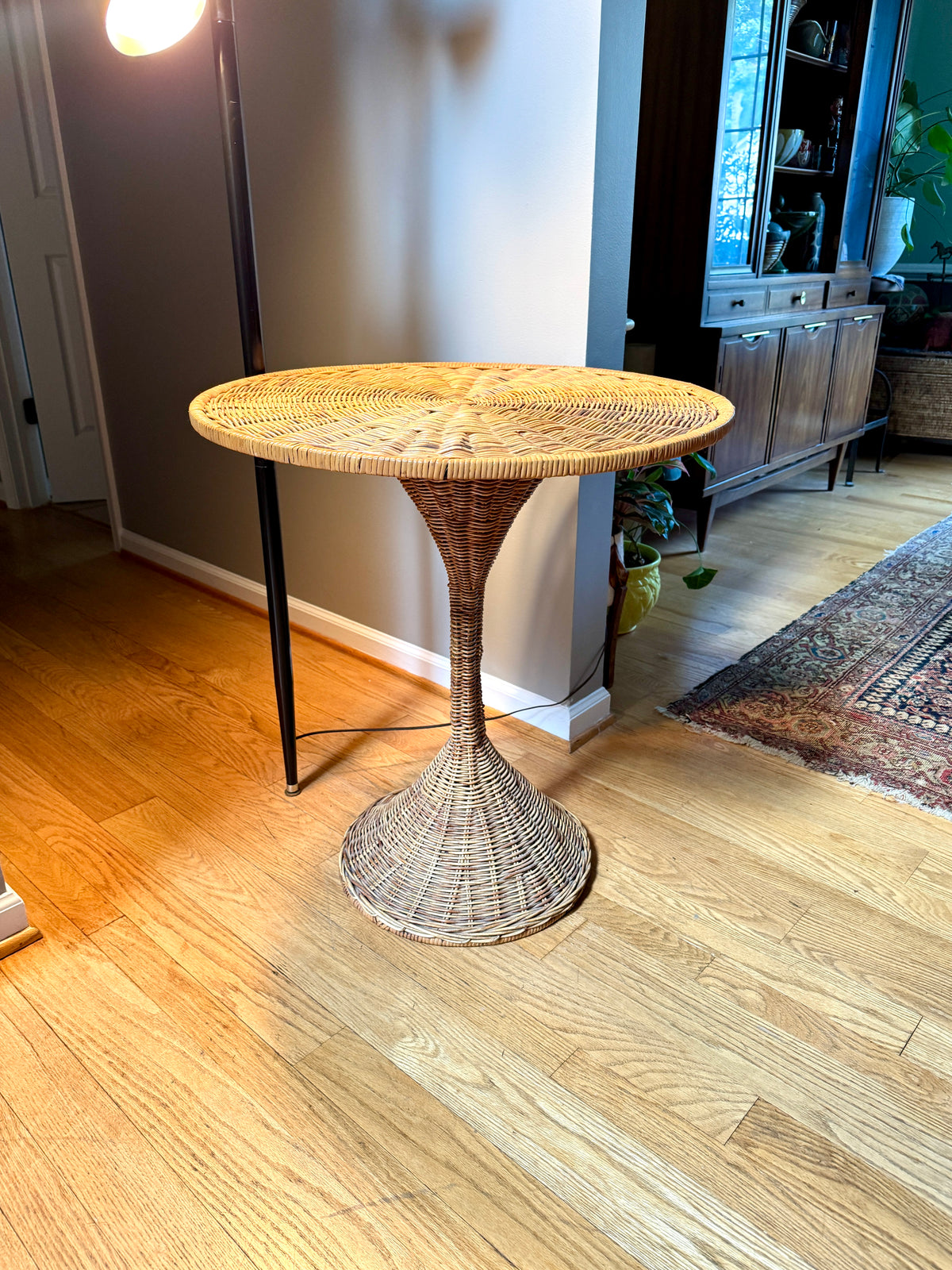 MCM Rattan Round Drink Table ~ Danny Ho Fong Style Rattan Hour Glass Table