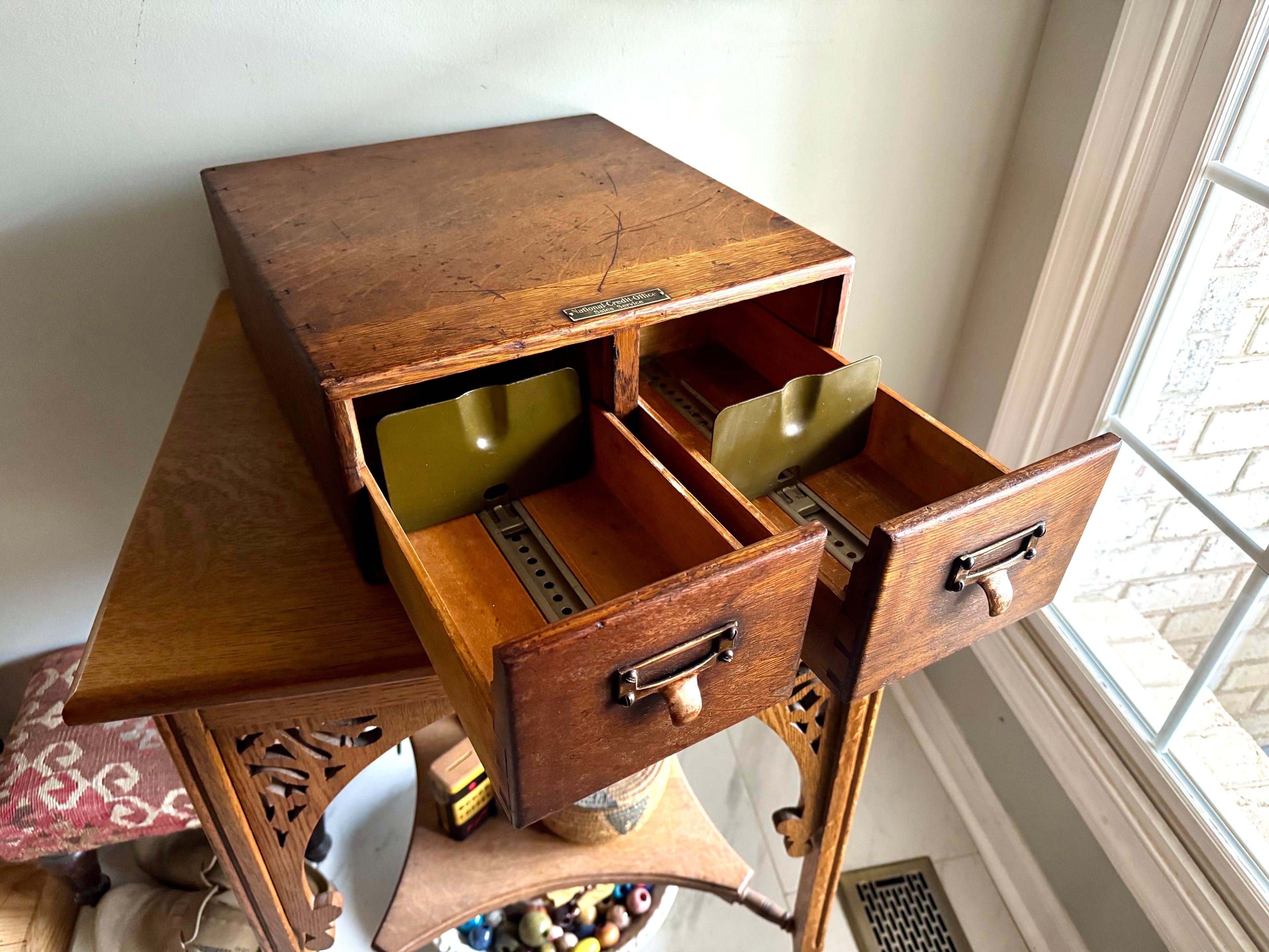 Antique Oak Card Catalog Cabinet | 2 Drawer Wooden Filing Cabinet | Oak Storage Cabinet
