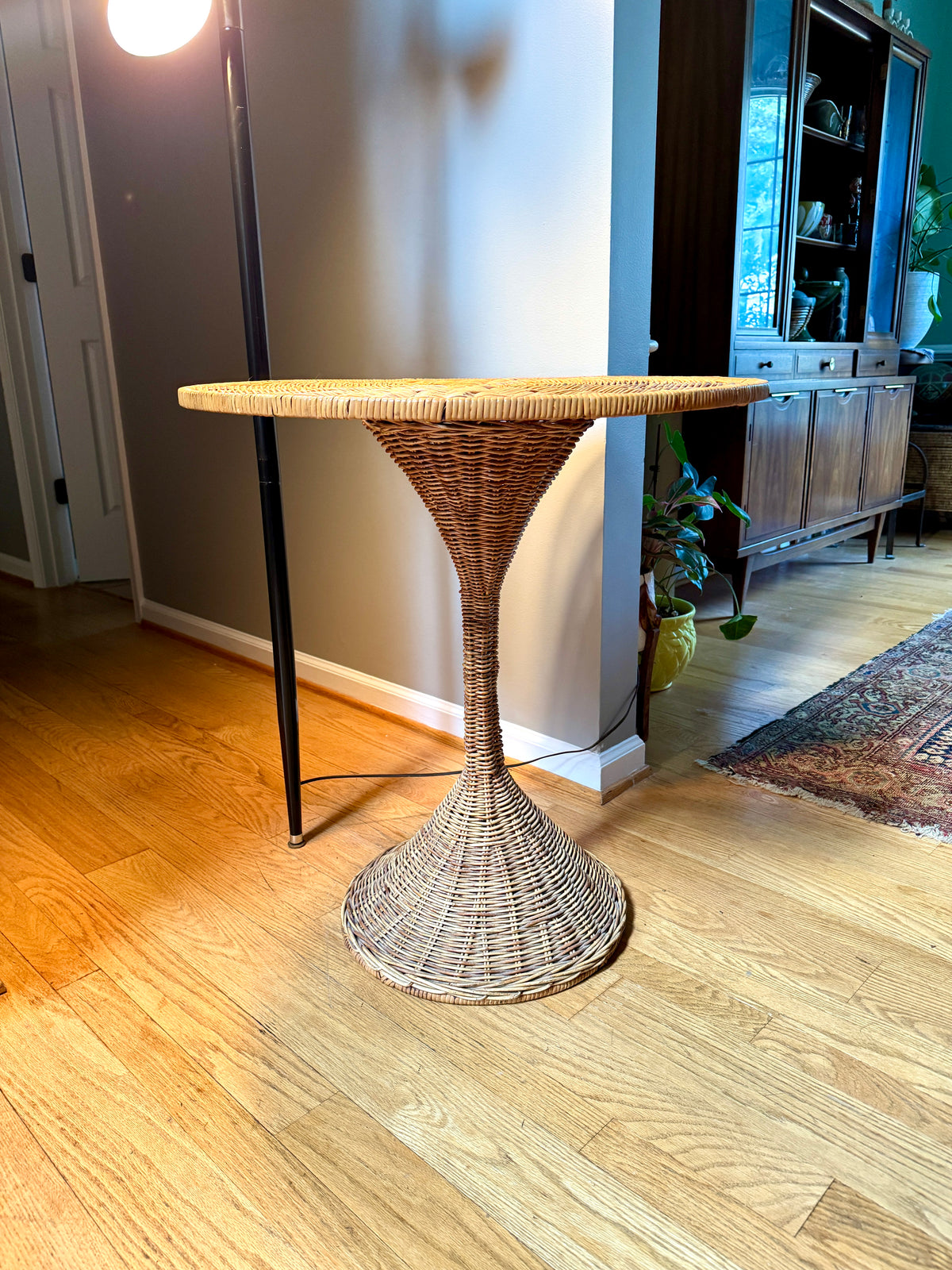 MCM Rattan Round Drink Table ~ Danny Ho Fong Style Rattan Hour Glass Table