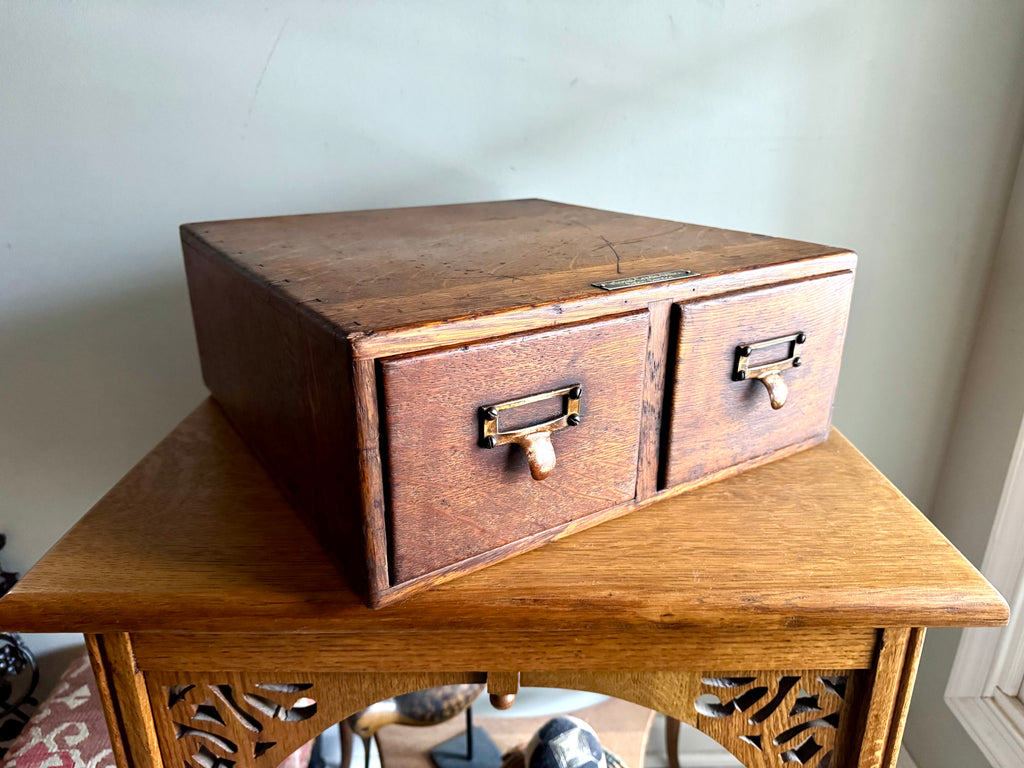Antique Oak Card Catalog Cabinet | 2 Drawer Wooden Filing Cabinet | Oak Storage Cabinet