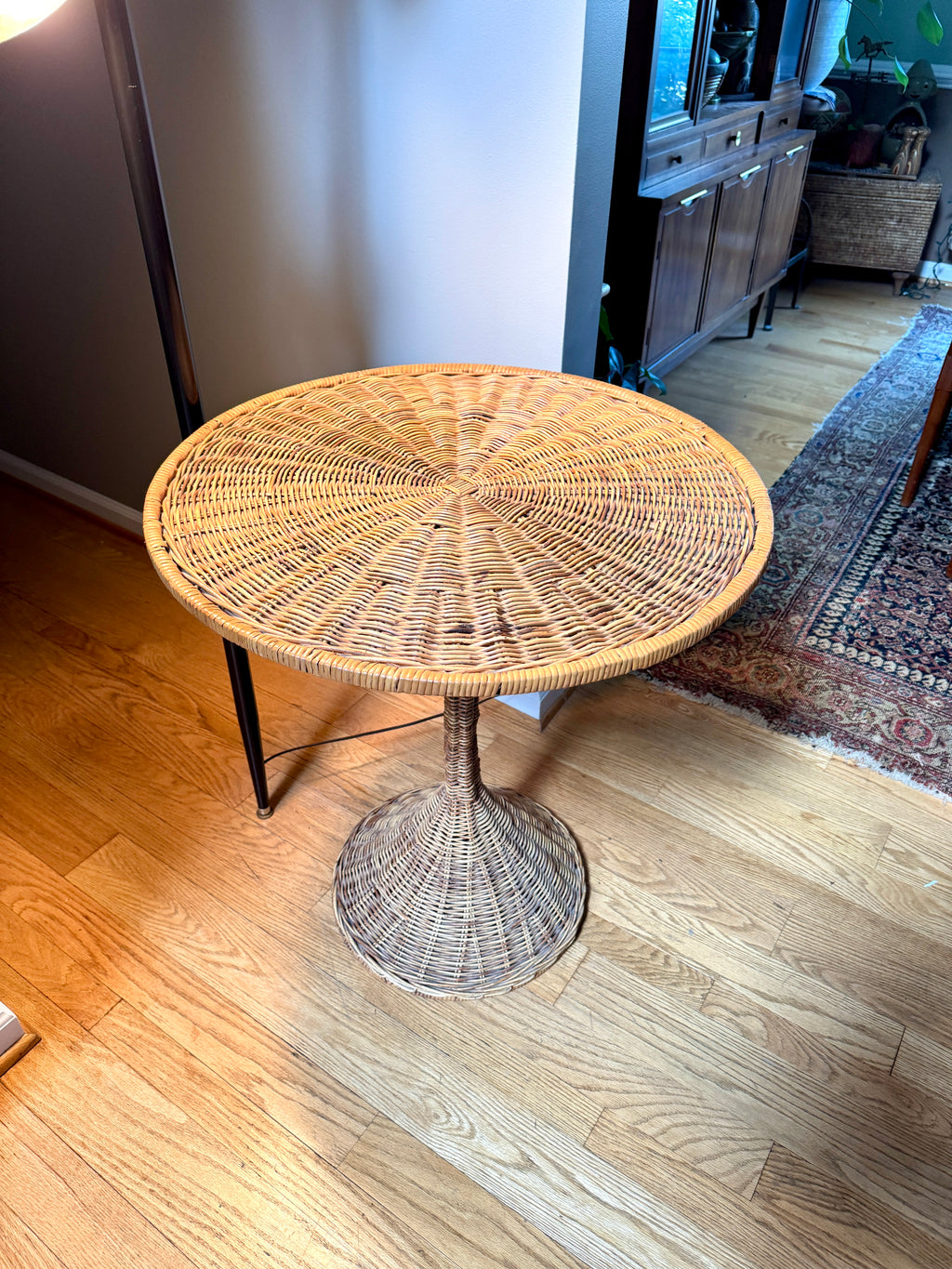 MCM Rattan Round Drink Table ~ Danny Ho Fong Style Rattan Hour Glass Table