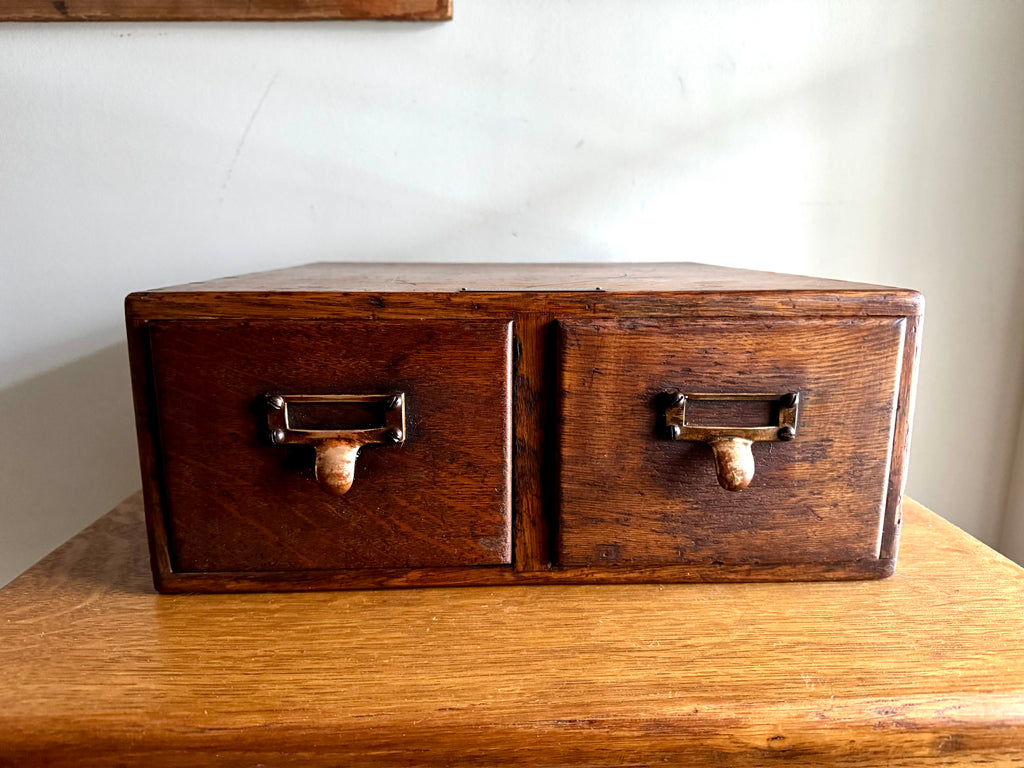Antique Oak Card Catalog Cabinet | 2 Drawer Wooden Filing Cabinet | Oak Storage Cabinet