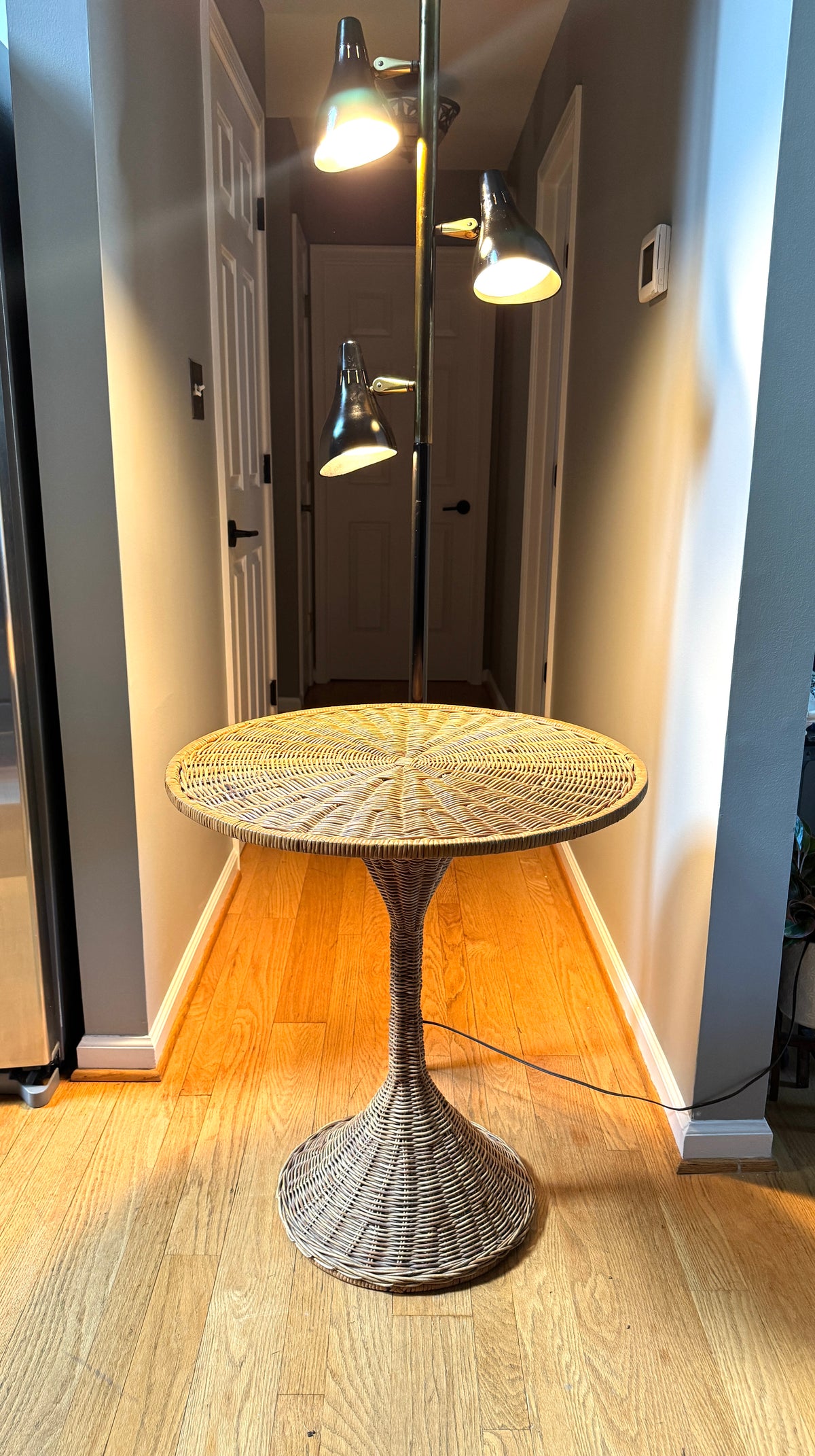 MCM Rattan Round Drink Table ~ Danny Ho Fong Style Rattan Hour Glass Table