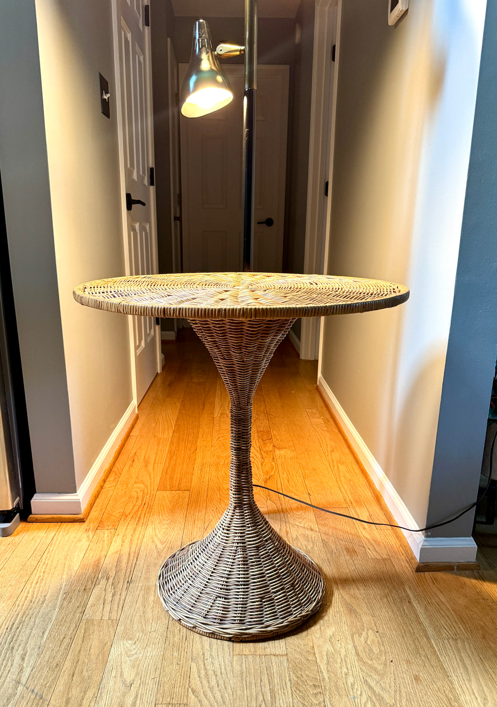 MCM Rattan Round Drink Table ~ Danny Ho Fong Style Rattan Hour Glass Table