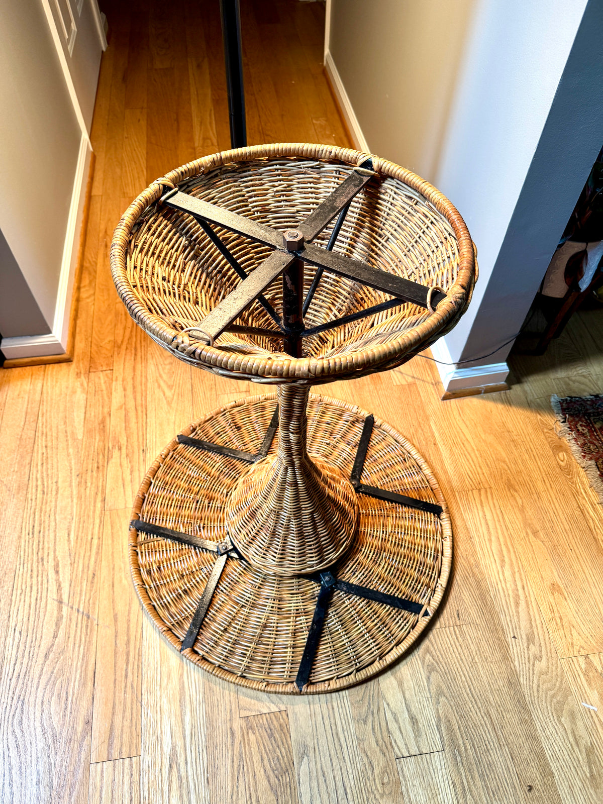 MCM Rattan Round Drink Table ~ Danny Ho Fong Style Rattan Hour Glass Table