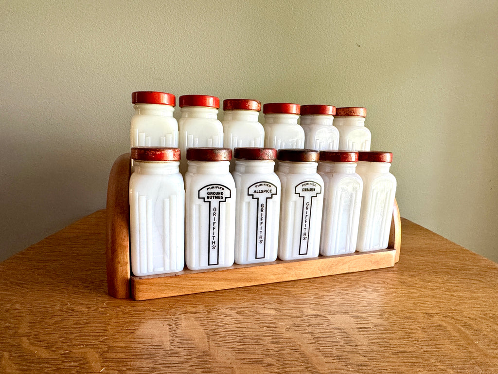 1930's Griffith Milk Glass Spice Jar Set with Wooden Rack ~ 12 Art Deco Milk Glass Spice Jars