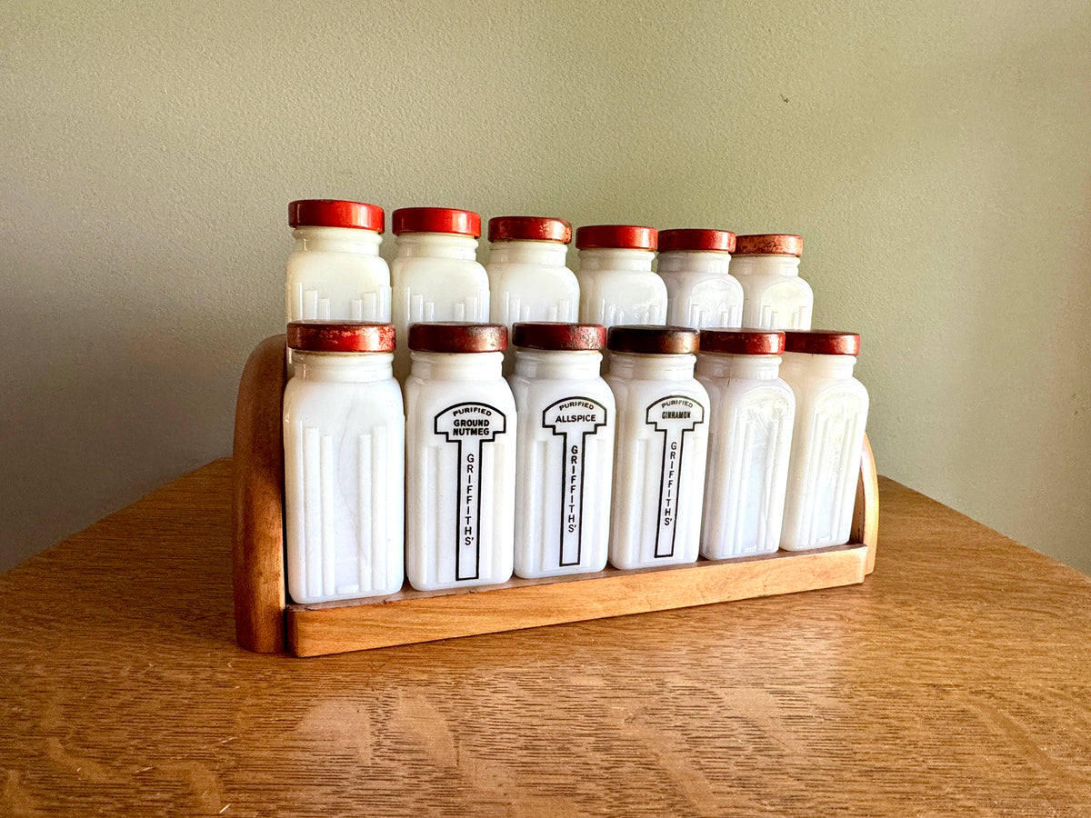 1930's Griffith Milk Glass Spice Jar Set with Wooden Rack ~ 12 Art Deco Milk Glass Spice Jars