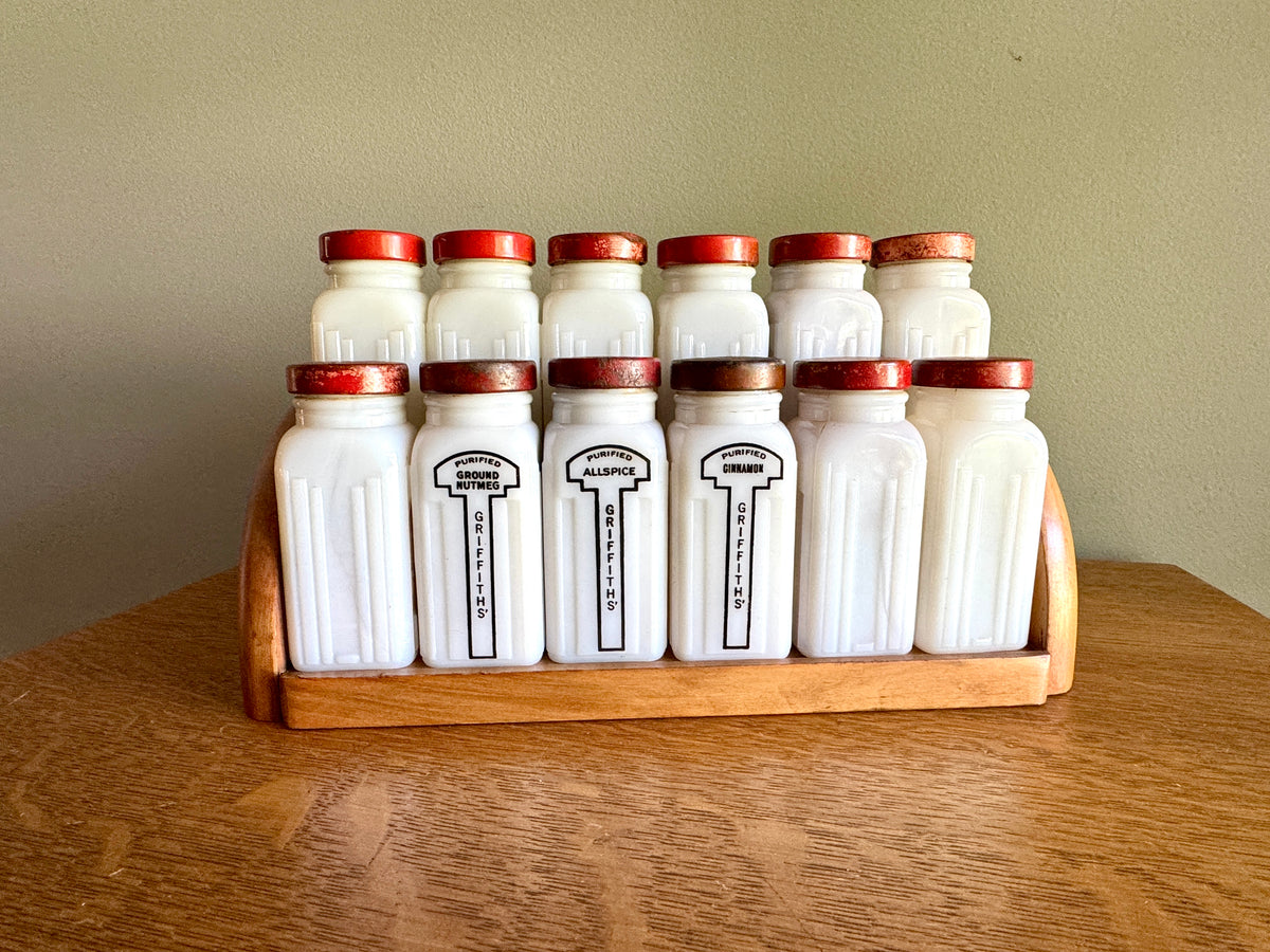1930's Griffith Milk Glass Spice Jar Set with Wooden Rack ~ 12 Art Deco Milk Glass Spice Jars