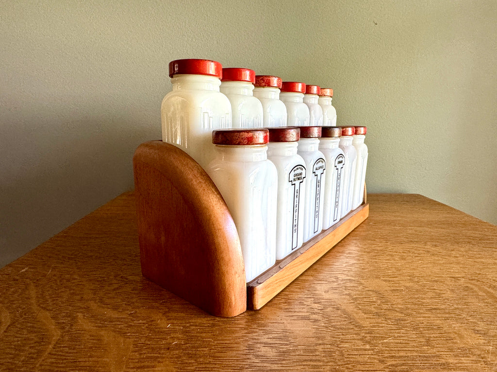 1930's Griffith Milk Glass Spice Jar Set with Wooden Rack ~ 12 Art Deco Milk Glass Spice Jars