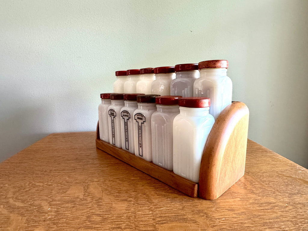 1930's Griffith Milk Glass Spice Jar Set with Wooden Rack ~ 12 Art Deco Milk Glass Spice Jars