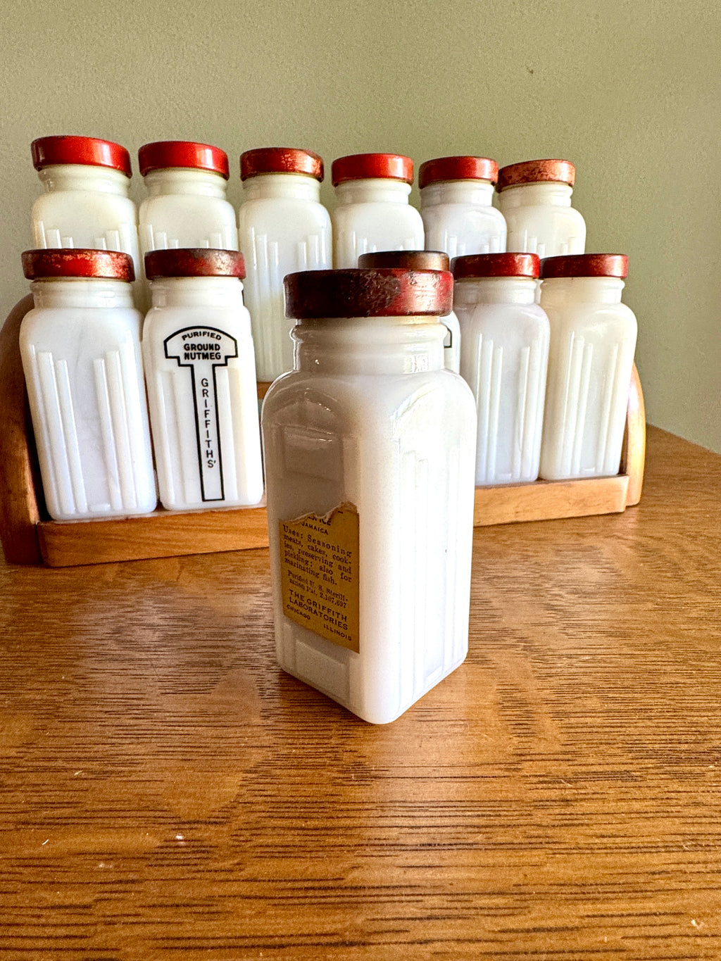 1930's Griffith Milk Glass Spice Jar Set with Wooden Rack ~ 12 Art Deco Milk Glass Spice Jars