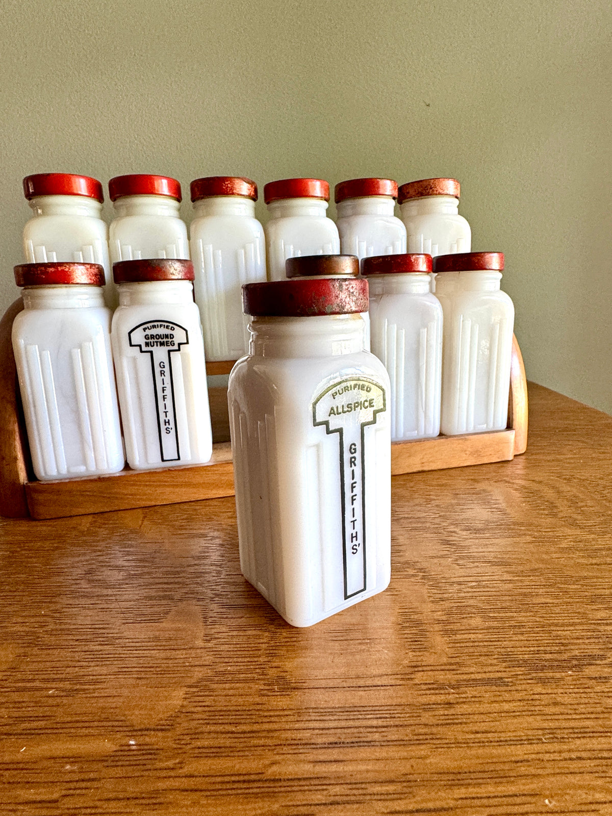 1930's Griffith Milk Glass Spice Jar Set with Wooden Rack ~ 12 Art Deco Milk Glass Spice Jars