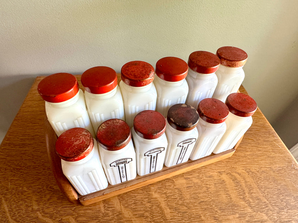 1930's Griffith Milk Glass Spice Jar Set with Wooden Rack ~ 12 Art Deco Milk Glass Spice Jars