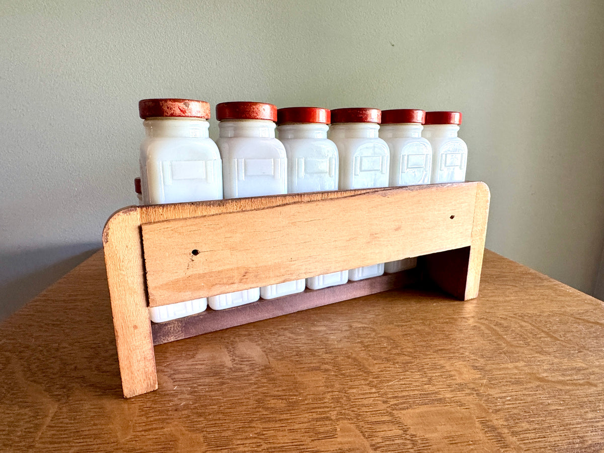 1930's Griffith Milk Glass Spice Jar Set with Wooden Rack ~ 12 Art Deco Milk Glass Spice Jars
