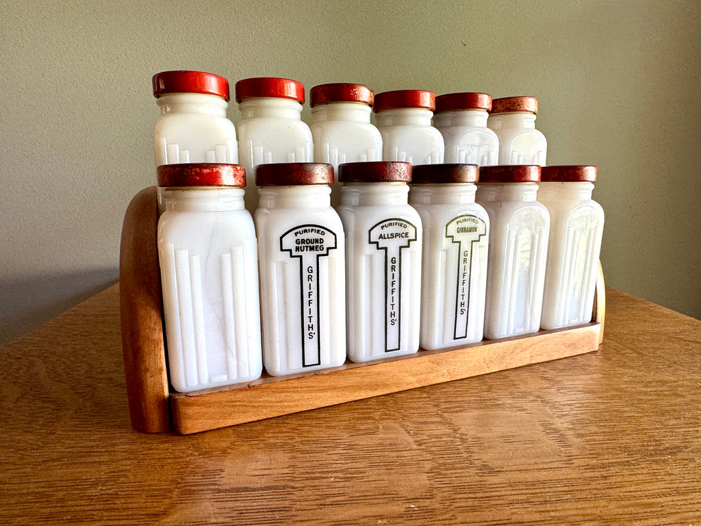 1930's Griffith Milk Glass Spice Jar Set with Wooden Rack ~ 12 Art Deco Milk Glass Spice Jars