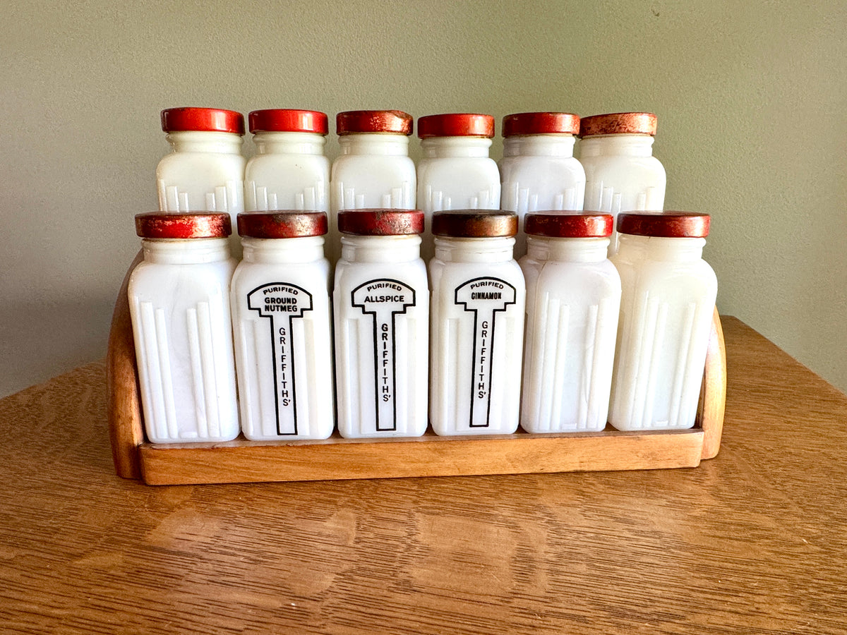 1930's Griffith Milk Glass Spice Jar Set with Wooden Rack ~ 12 Art Deco Milk Glass Spice Jars