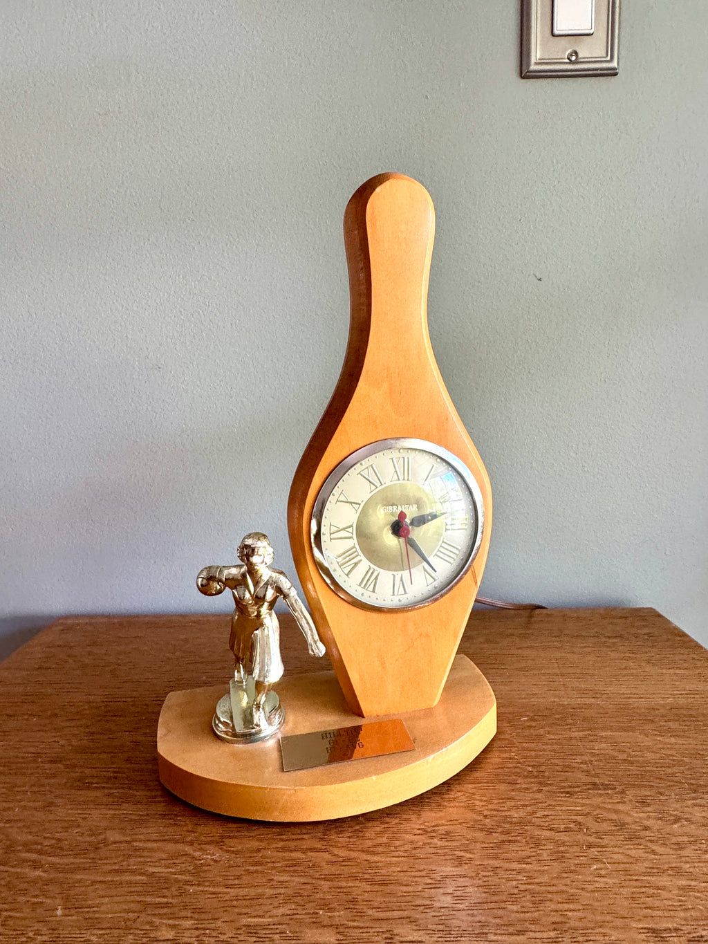 1960's Female Bowling Trophy Electric Mantel Clock ~ Gibraltar Clock Bowling Pin Clock