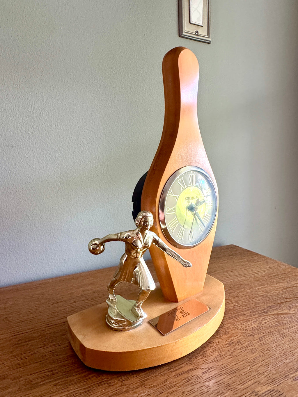 1960's Female Bowling Trophy Electric Mantel Clock ~ Gibraltar Clock Bowling Pin Clock