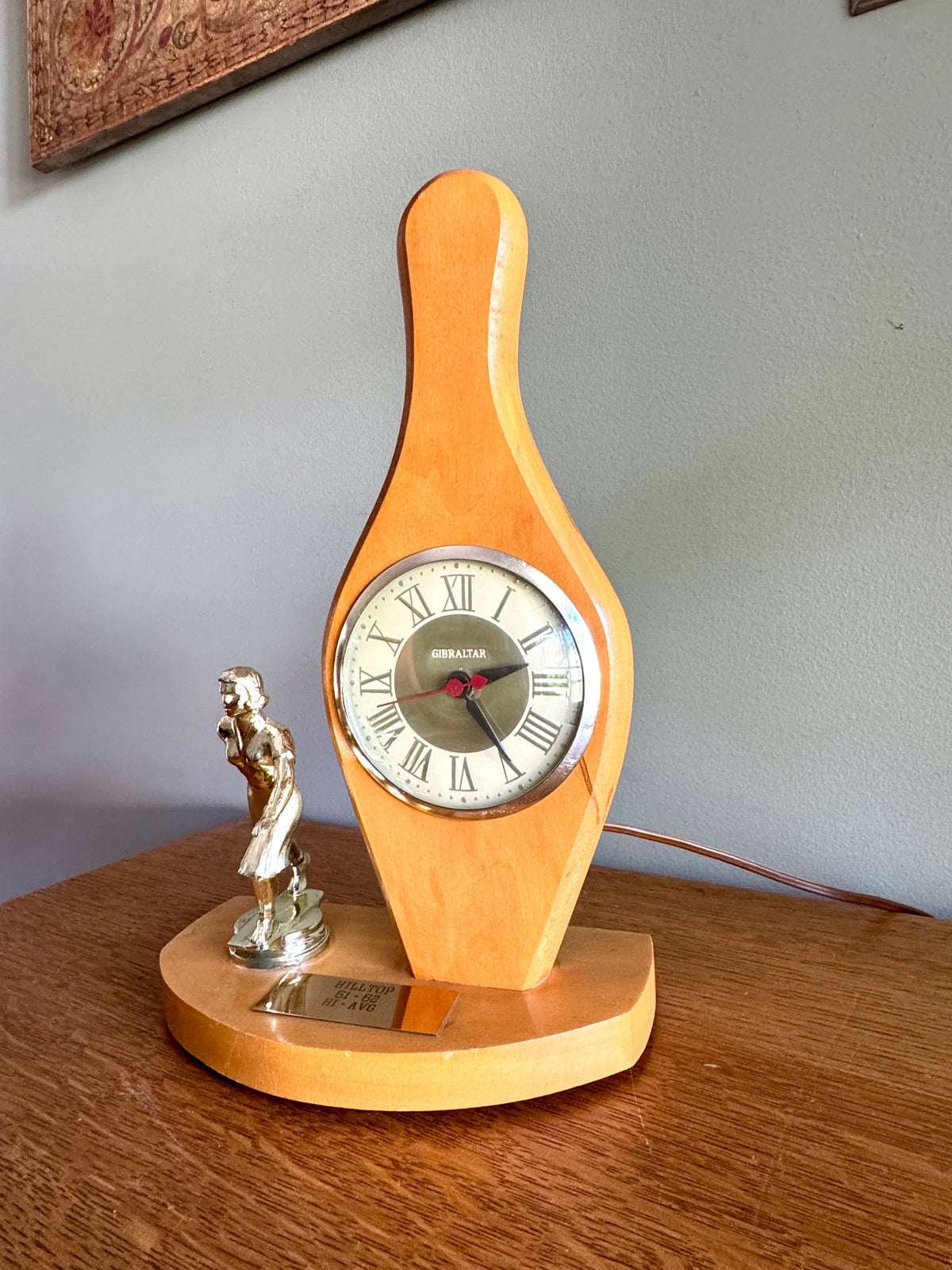 1960's Female Bowling Trophy Electric Mantel Clock ~ Gibraltar Clock Bowling Pin Clock