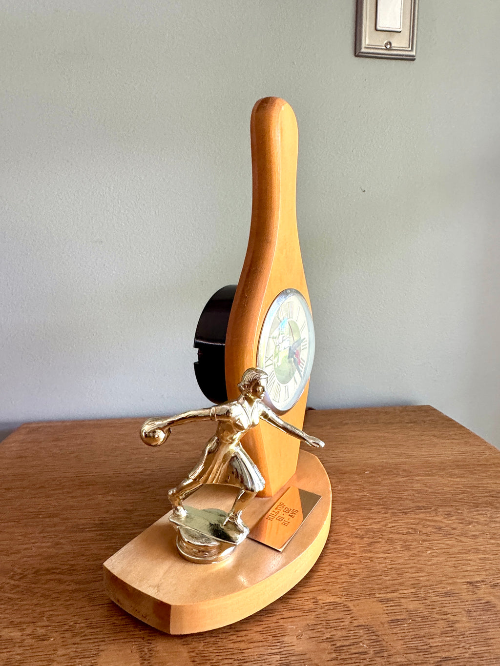 1960's Female Bowling Trophy Electric Mantel Clock ~ Gibraltar Clock Bowling Pin Clock