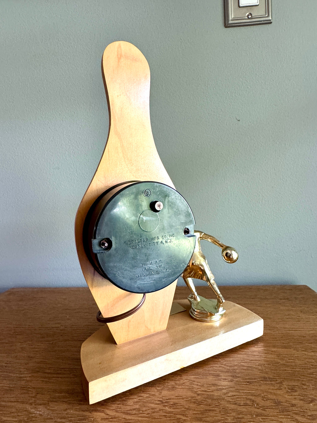 1960's Female Bowling Trophy Electric Mantel Clock ~ Gibraltar Clock Bowling Pin Clock