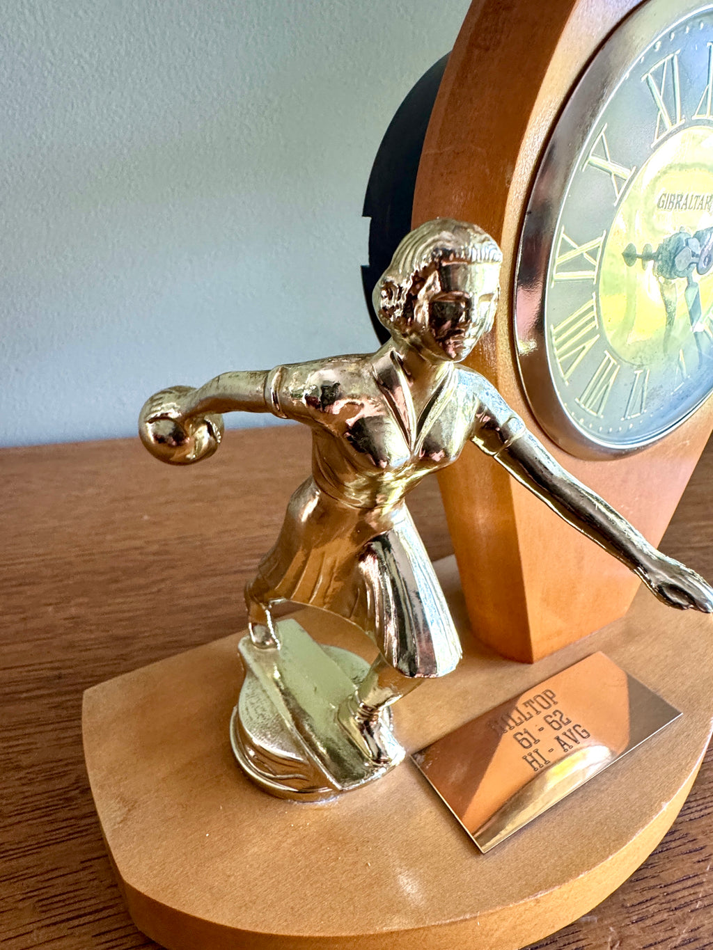 1960's Female Bowling Trophy Electric Mantel Clock ~ Gibraltar Clock Bowling Pin Clock