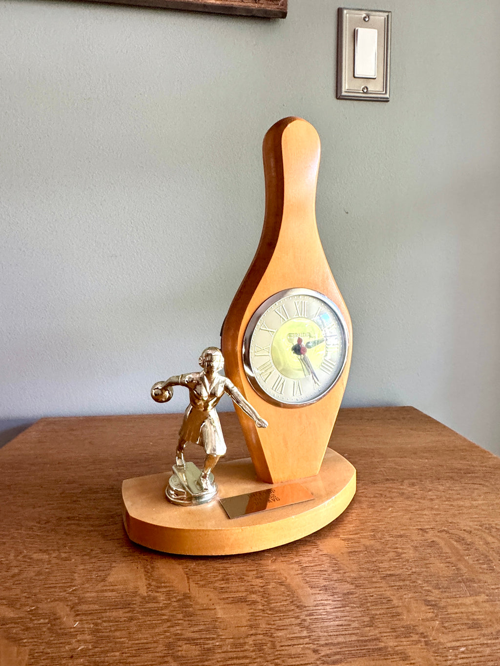 1960's Female Bowling Trophy Electric Mantel Clock ~ Gibraltar Clock Bowling Pin Clock