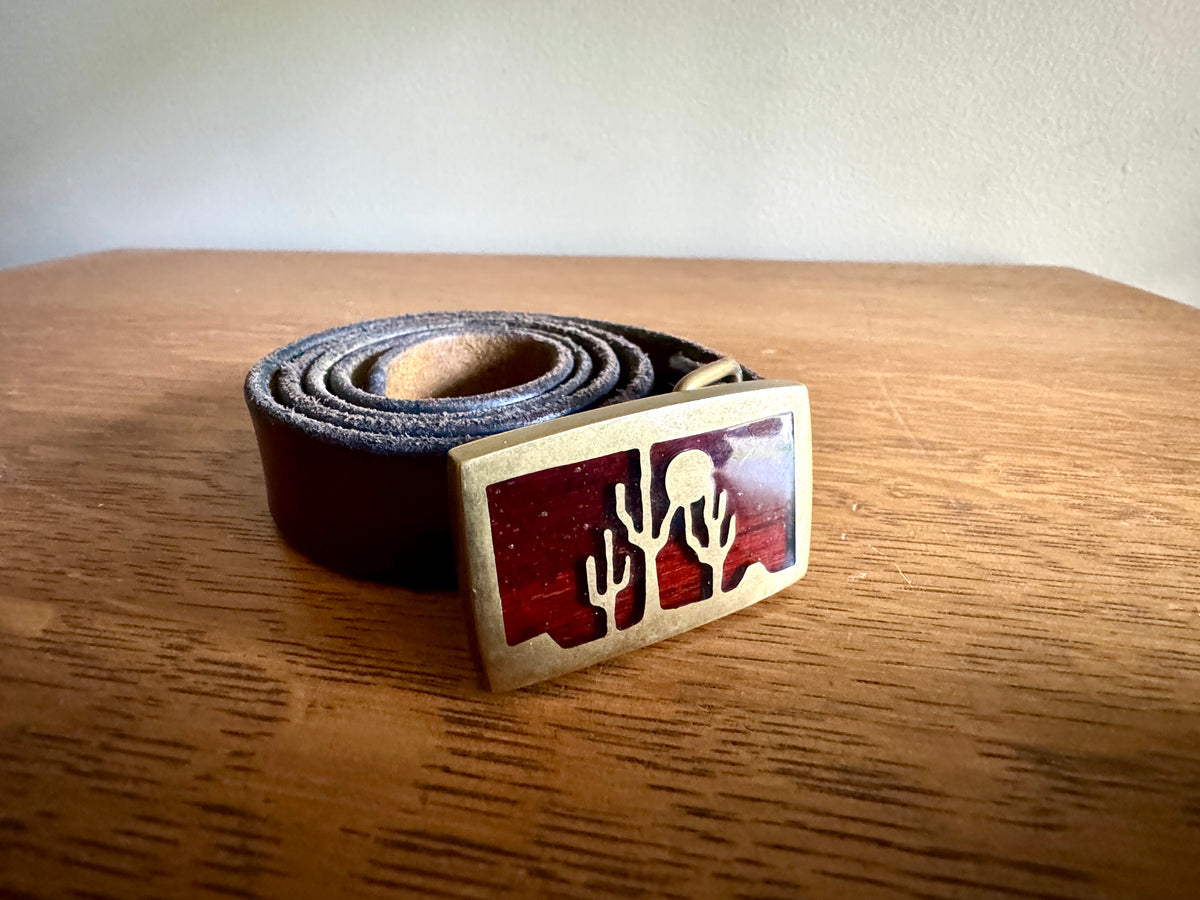 Vtg Small Brass Desert Scene Belt Buckle and Belt ~ C.E.C Western Cactus Belt Buckle