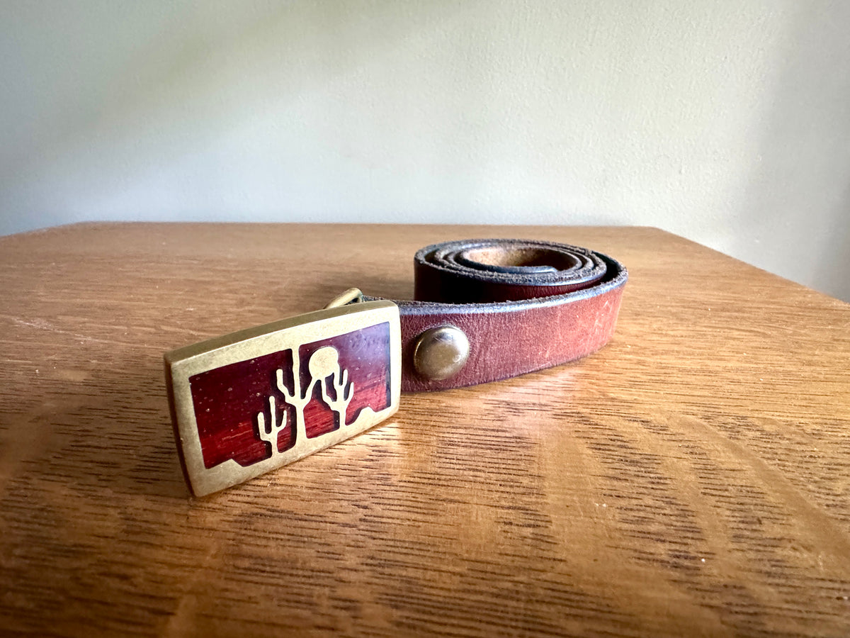 Vtg Small Brass Desert Scene Belt Buckle and Belt ~ C.E.C Western Cactus Belt Buckle