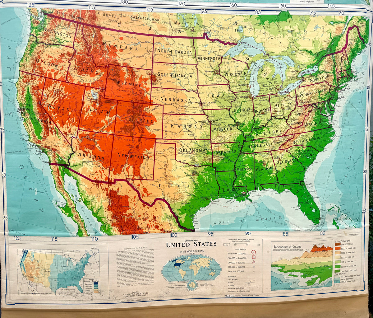 1960's Denoyer-Geppert Continental United States Pull Down School Map ~ 60's Classroom Map