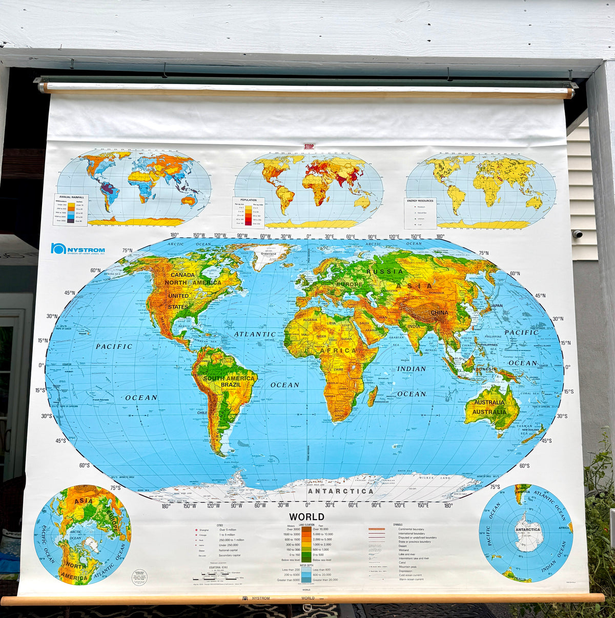 Vtg Nystrom Pull Down World Map ~ School Classroom Pull Down Map ~ 1 Layer Educational Map