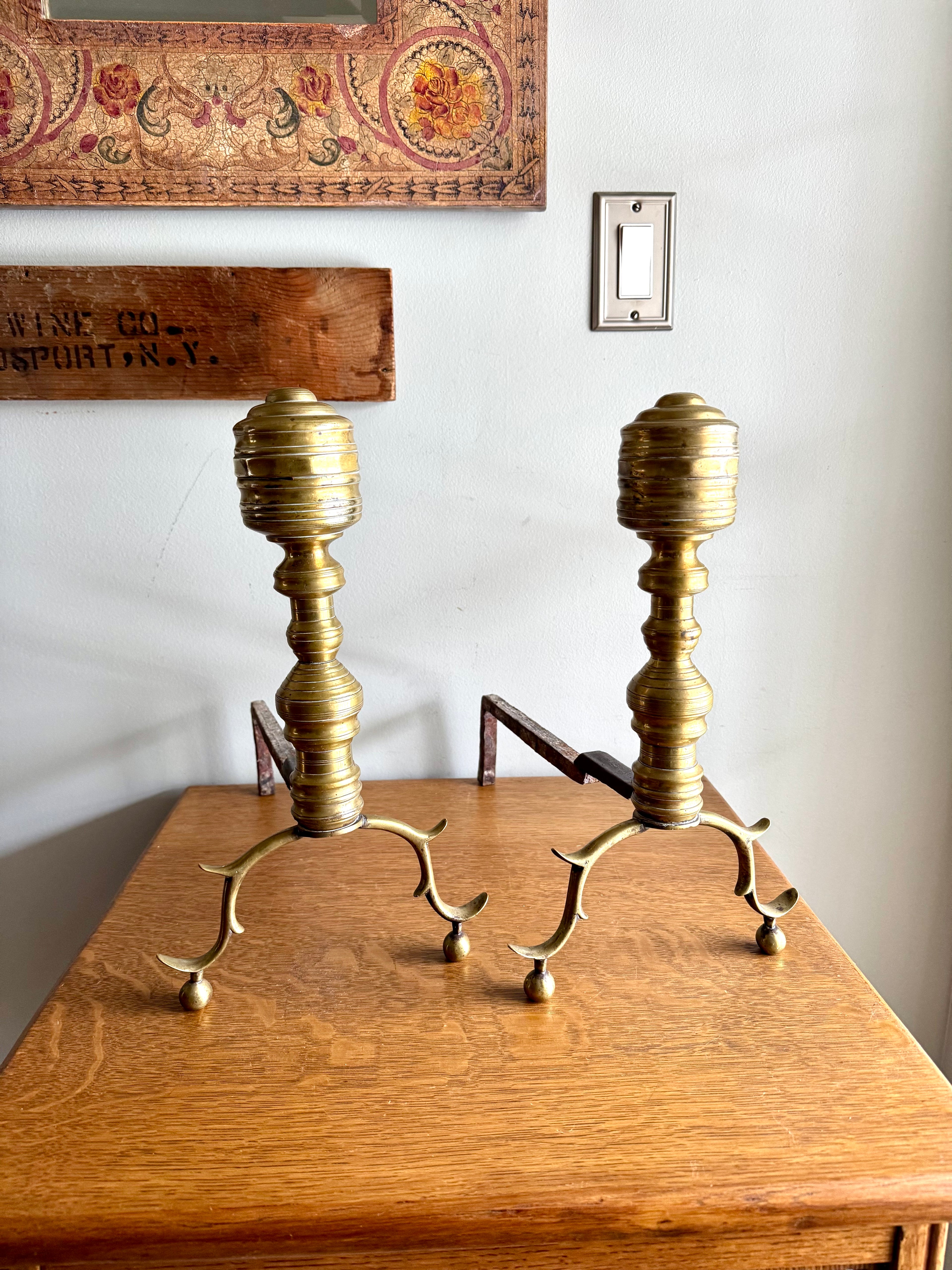 Pair of Victorian Style Andirons | Distressed Beehive Andirons | Queen Anne Style Andirons